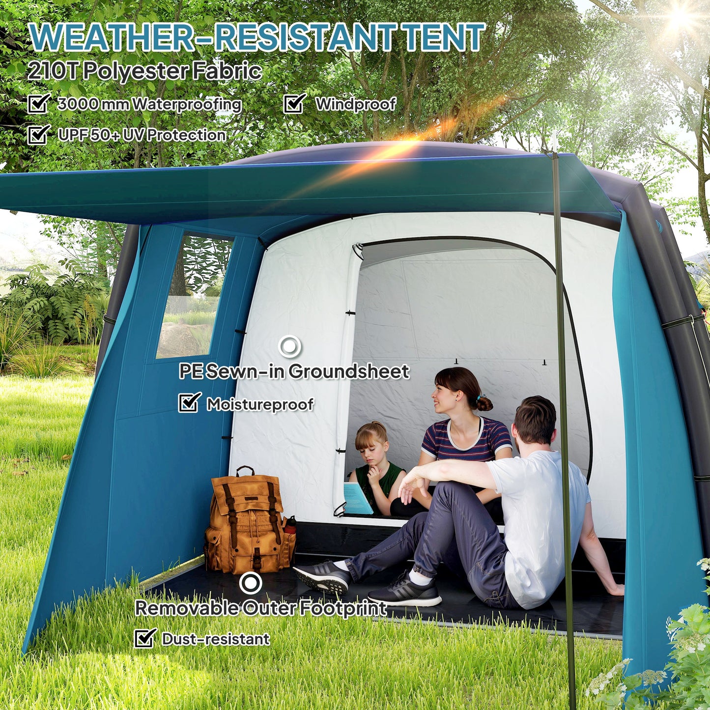 Inflatable 3-4 Man Tunnel Tent w/ Air Pump, Living Area & Vestibule