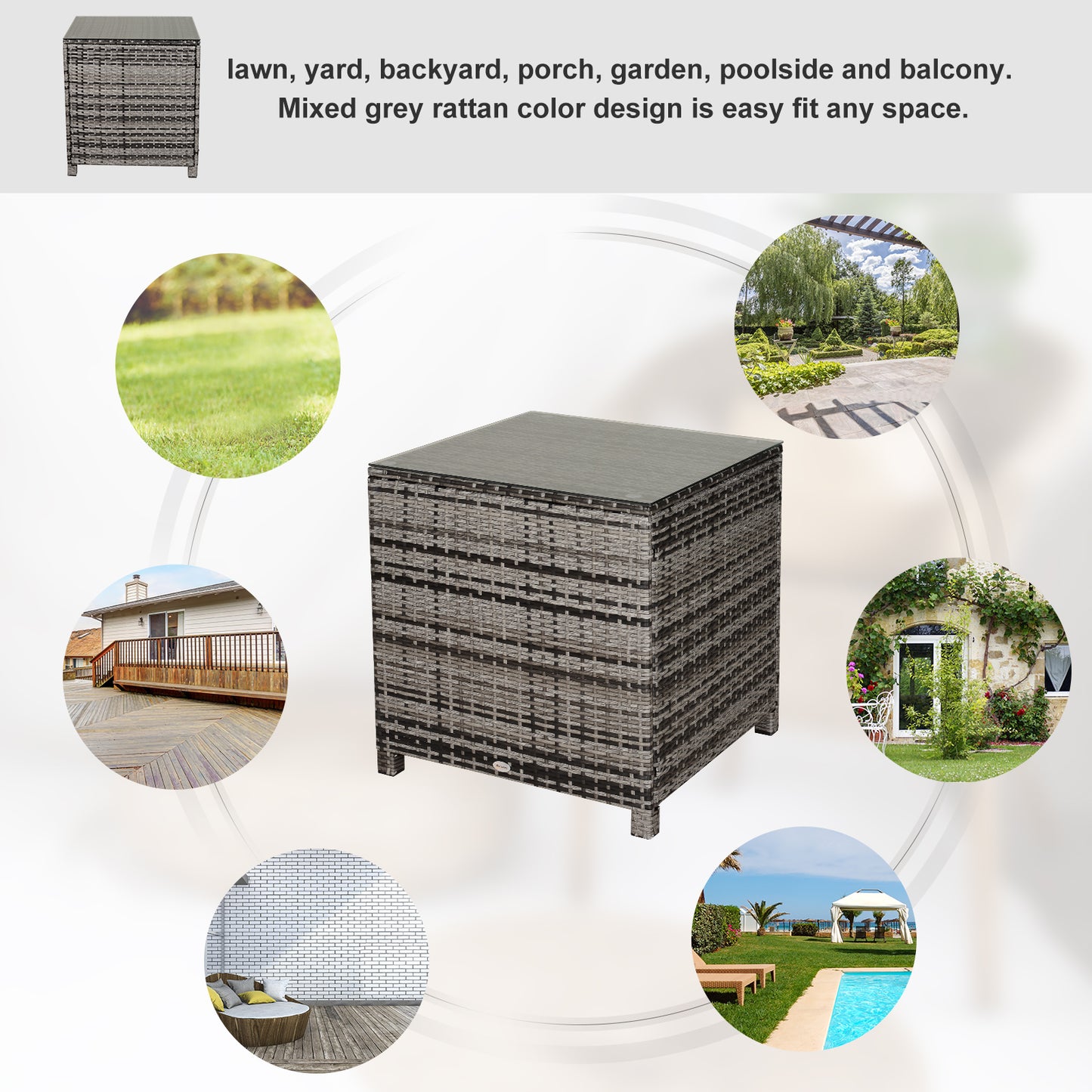 Square PE Rattan Garden Table, with Glass Table Top