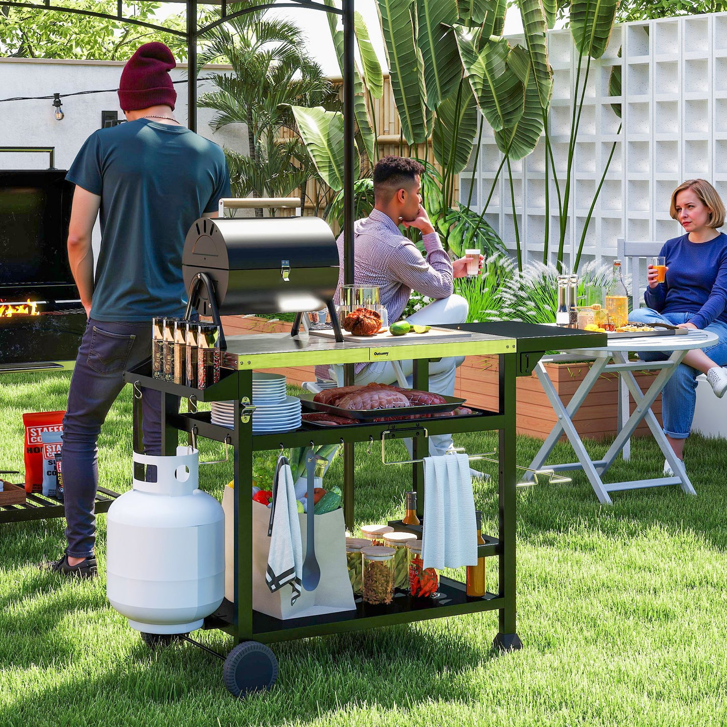 Multi-Feature BBQ Grill Table, with Stainless Steel Top