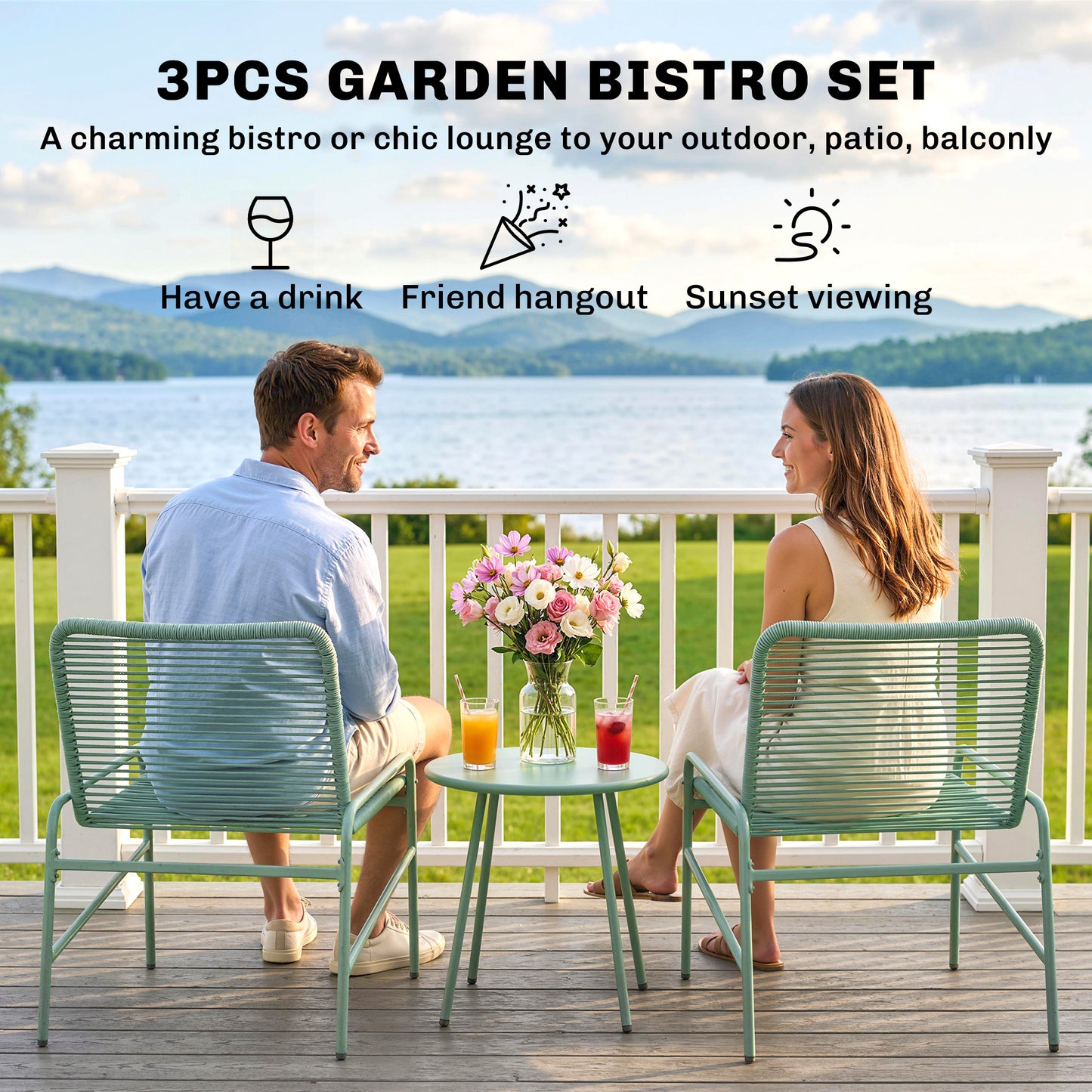 3 Piece Rattan Bistro Set, Outdoor Garden Furniture Set