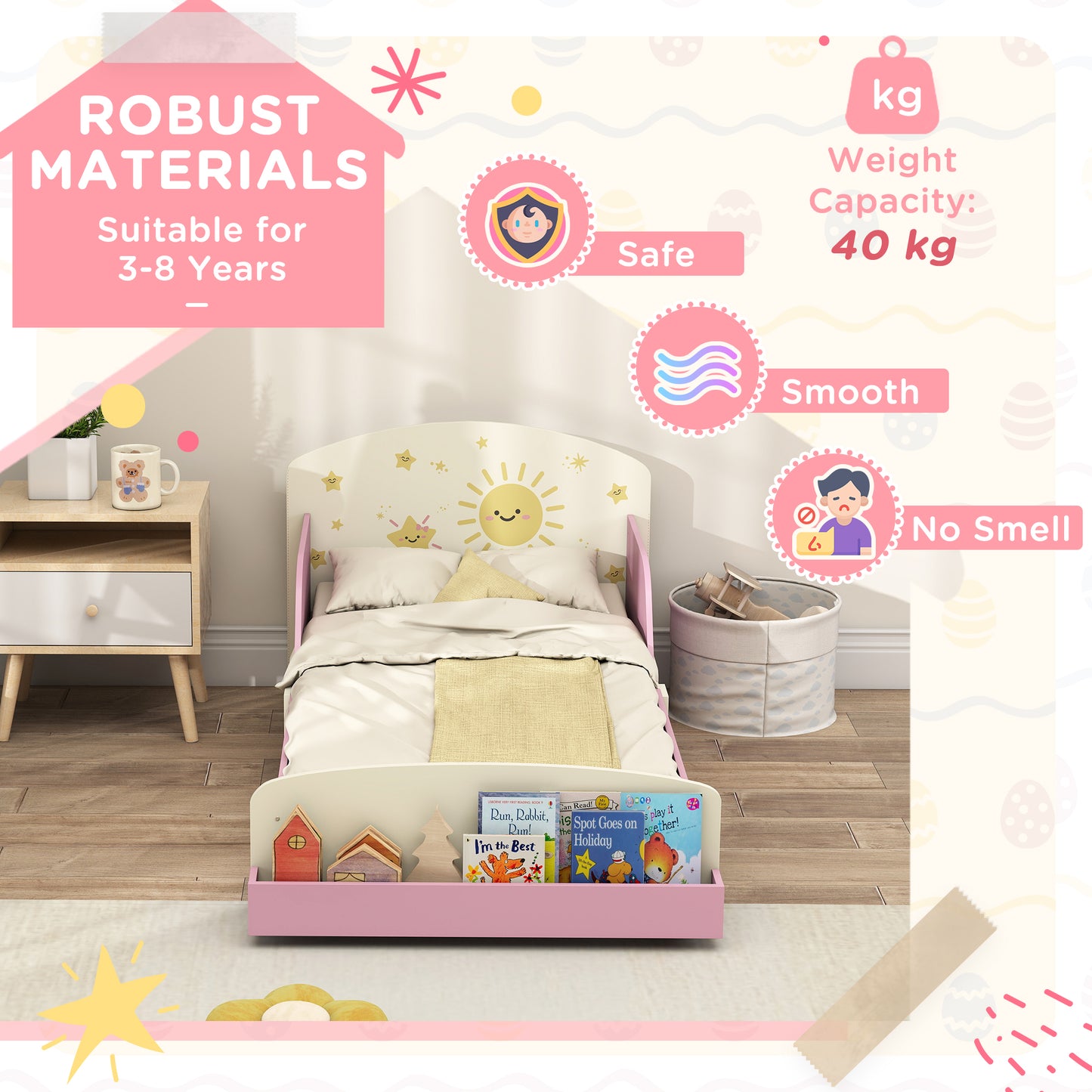 Toddler Bed with Storage, Guardrails, Sun Design, for Ages 3-8 Years