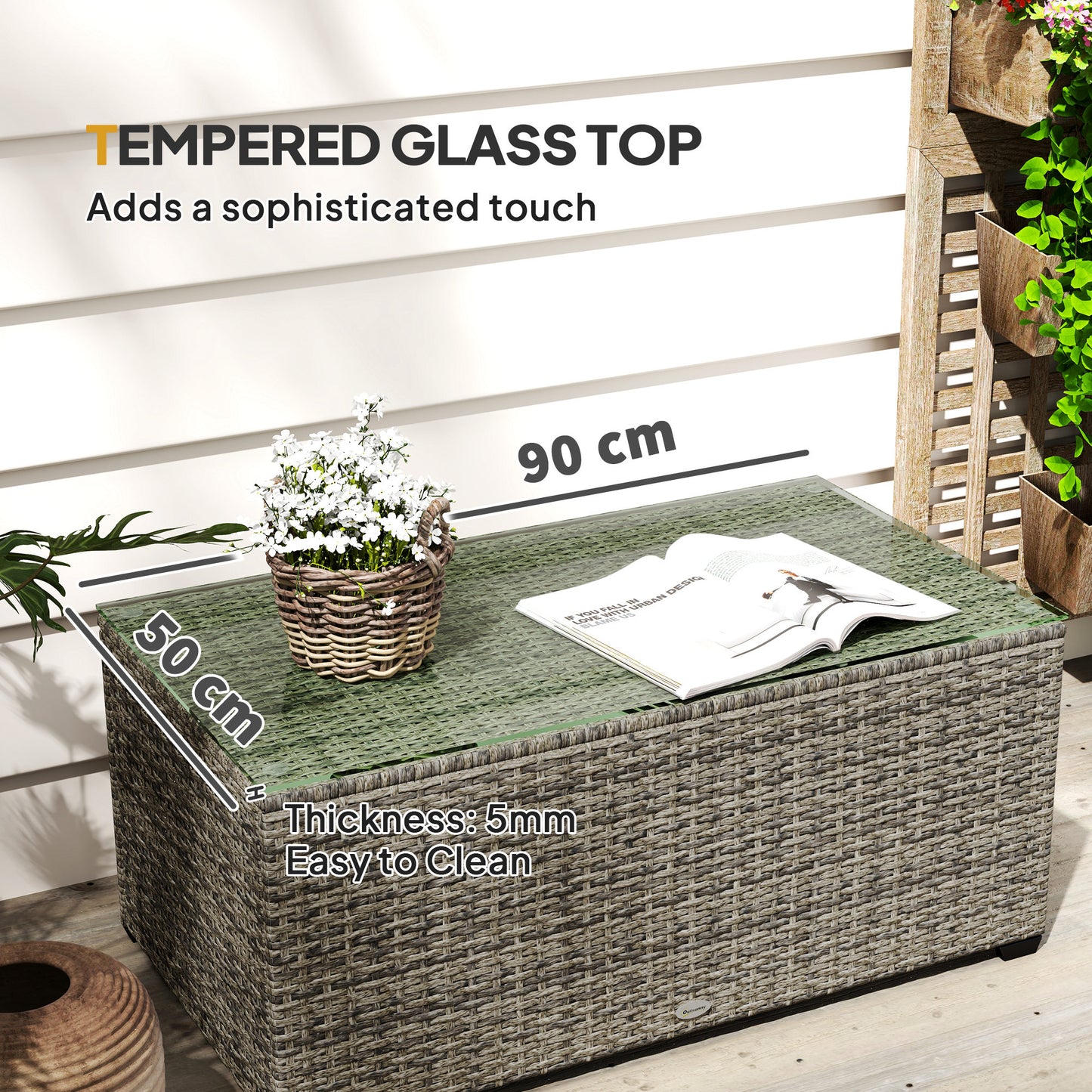90 x 50cm Glass-Top Rattan Side Table