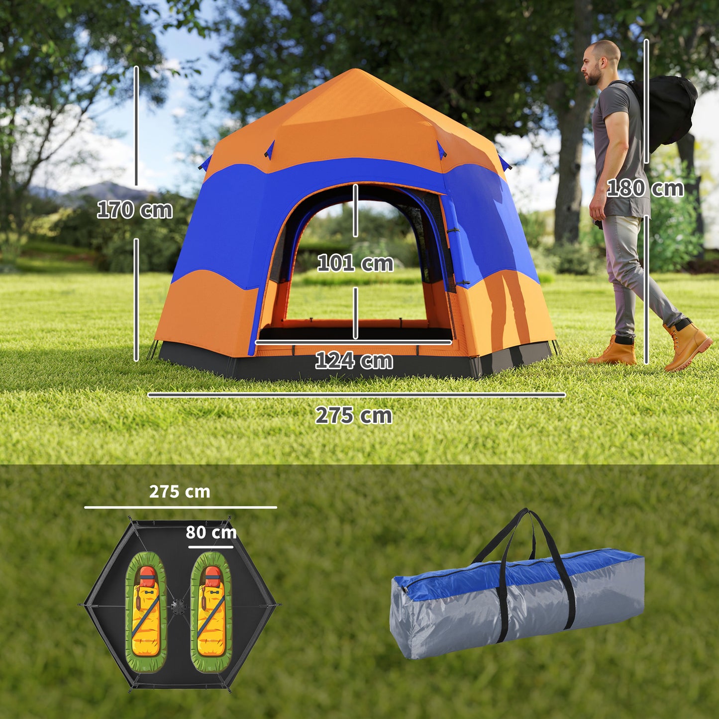 Six Man Hexagon Camping Tent with Hang Hook and Carry Bag - Orange and