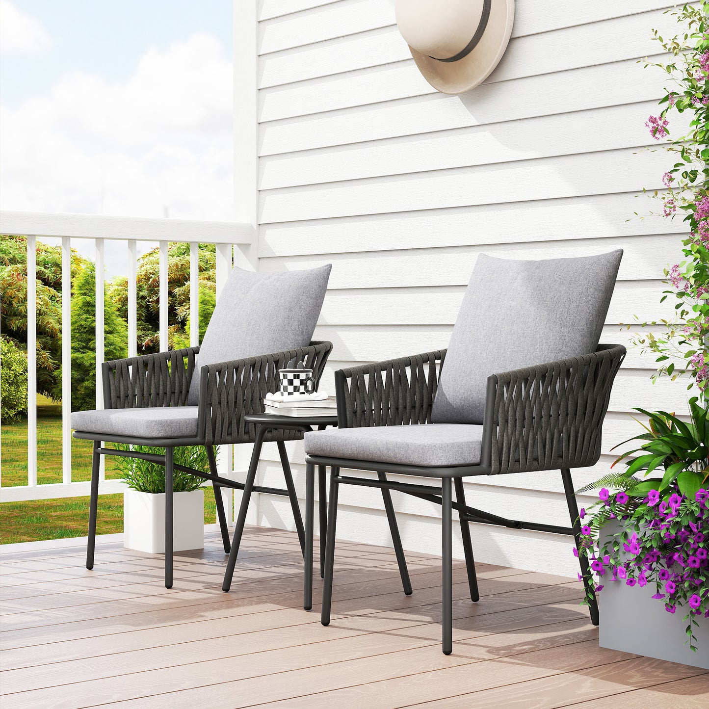3-Piece Rattan Bistro Set, Garden Table and Chairs with 4 Cushions