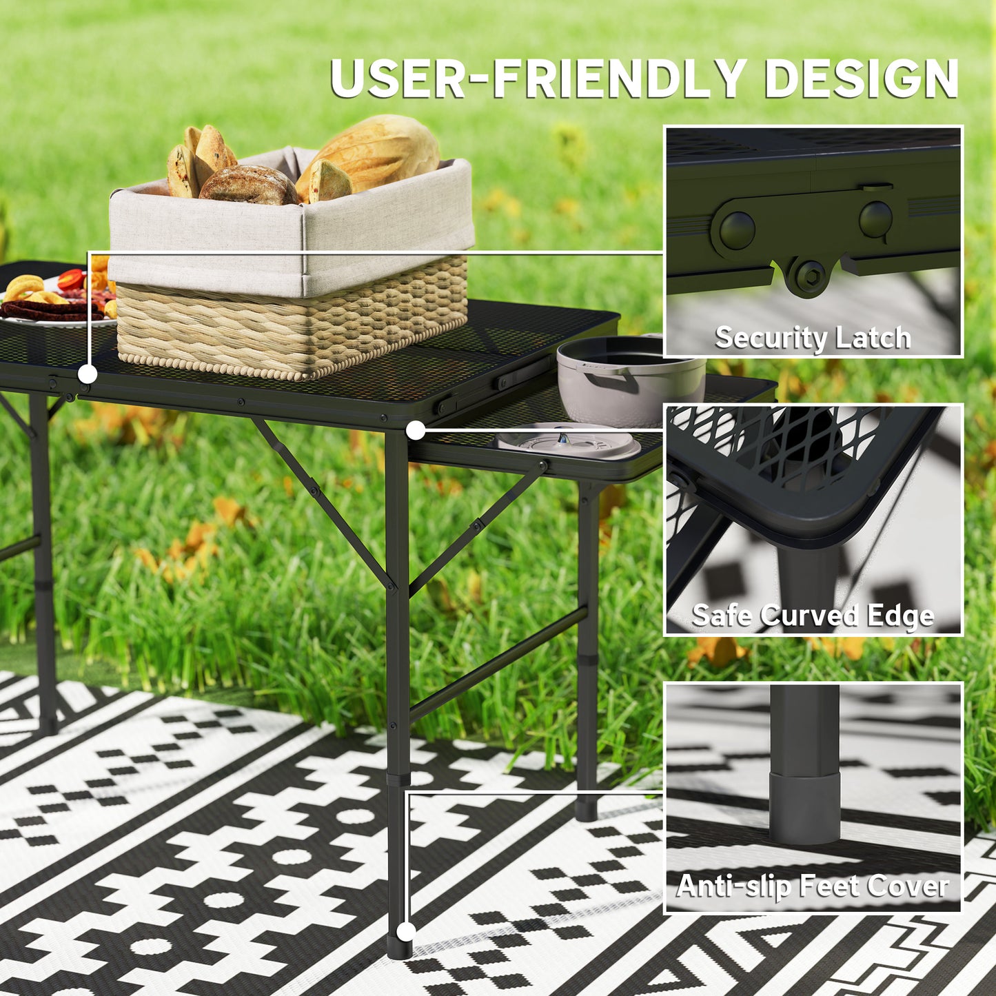 Folding Grill Table, 4.5ft Portable Camping Table with 2 Wing Panels