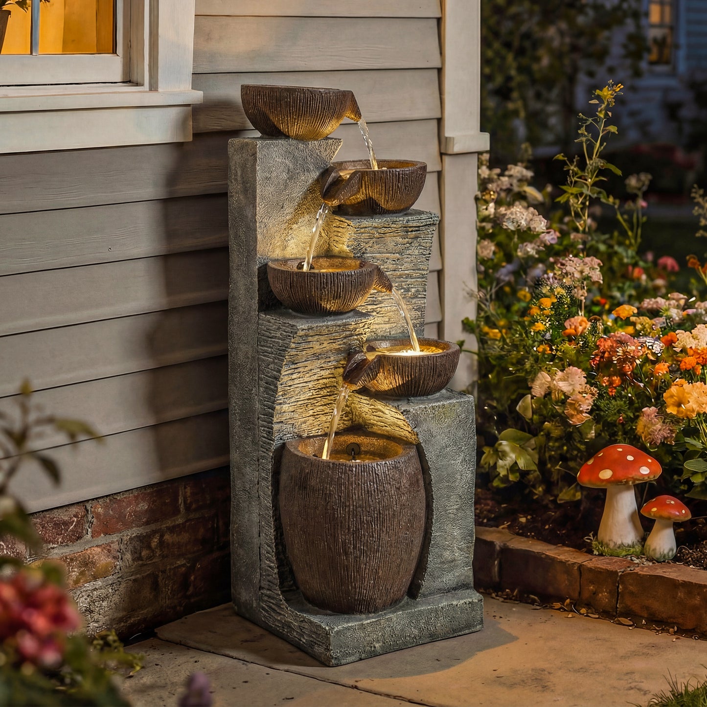 Outdoor Fountain with 5-Tier, Garden Fountain with LED Lights