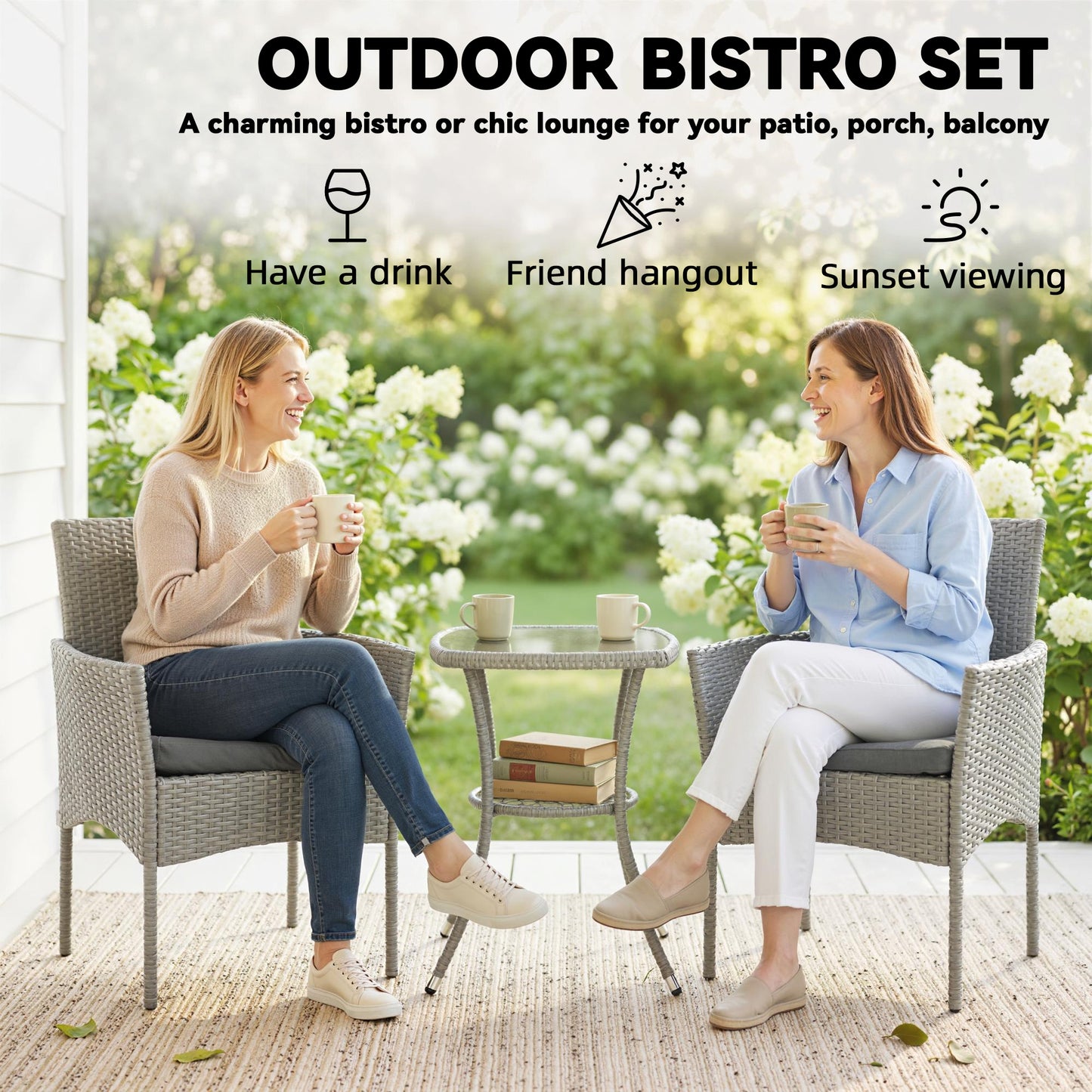 3 Piece Rattan Bistro Set, PE Wicker Garden Furniture Conversation