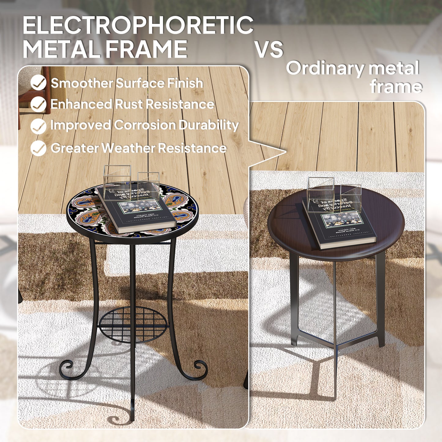 Mosaic Garden Table, 35.5 cm Round Outdoor Table with Shelf