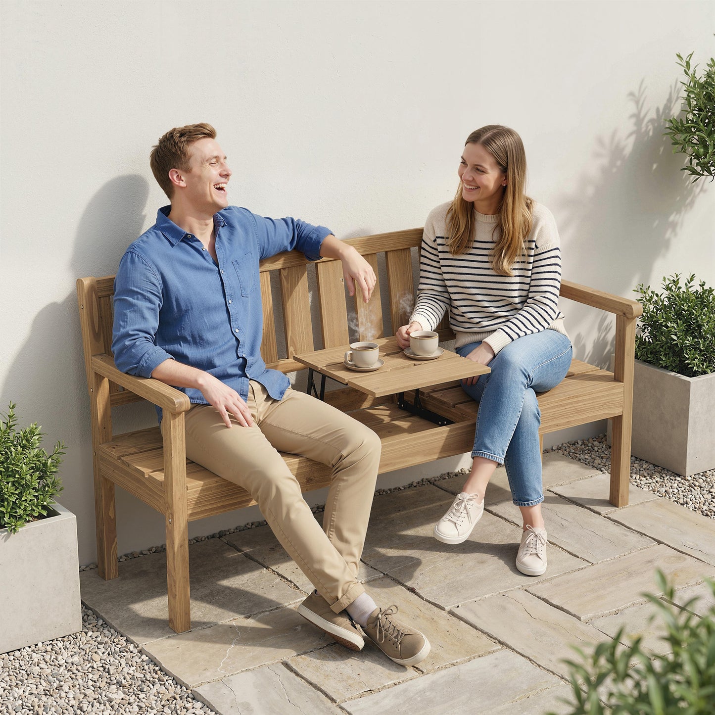 Wooden Garden Bench with Liftable Table & Shelf