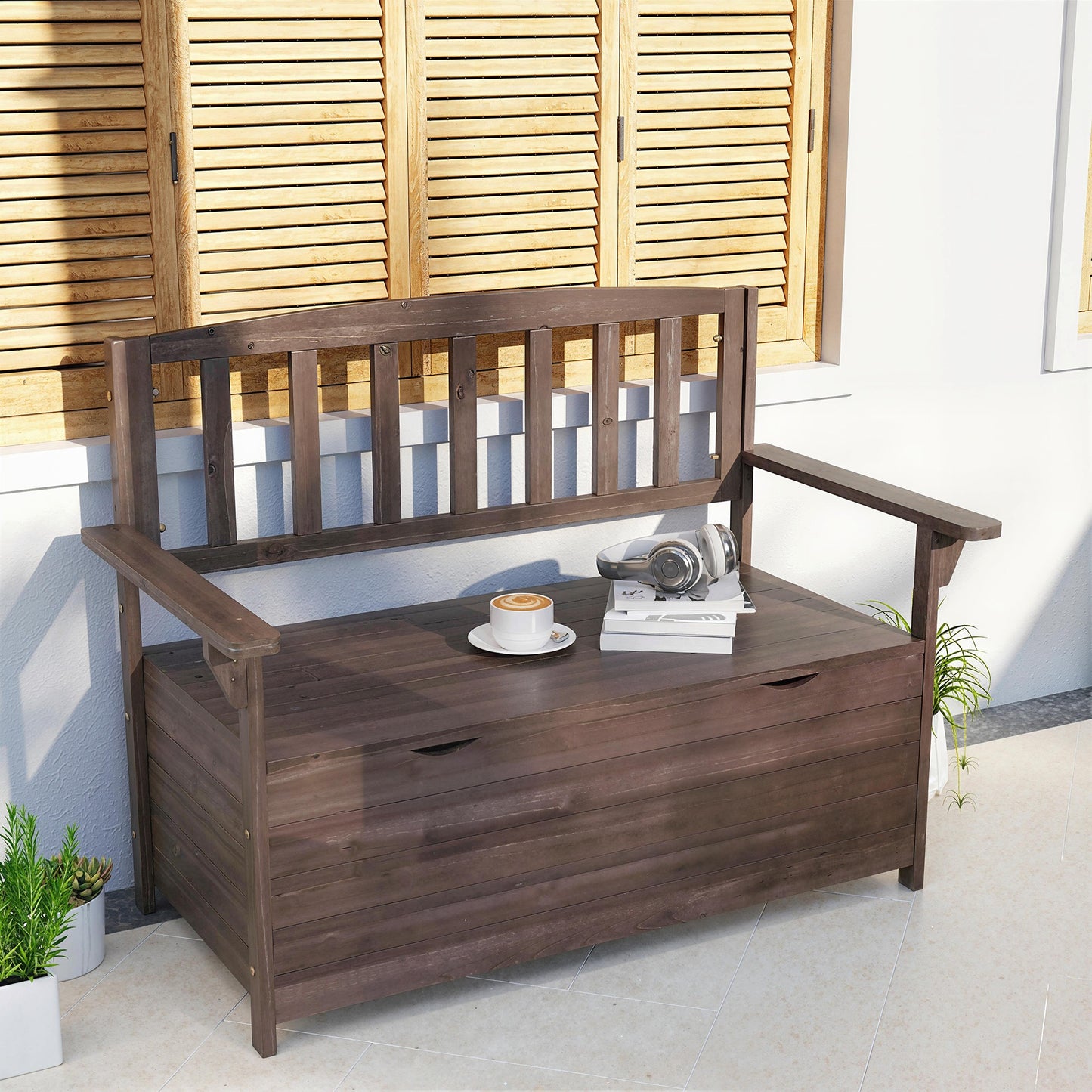 Outdoor 2 Seater Garden Bench, Wooden Bench with Storage, Backrest