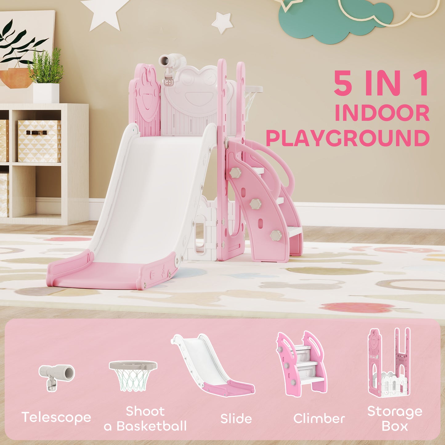 5 in 1 Kids Slide Set with Basketball Hoop, Climbing Frame