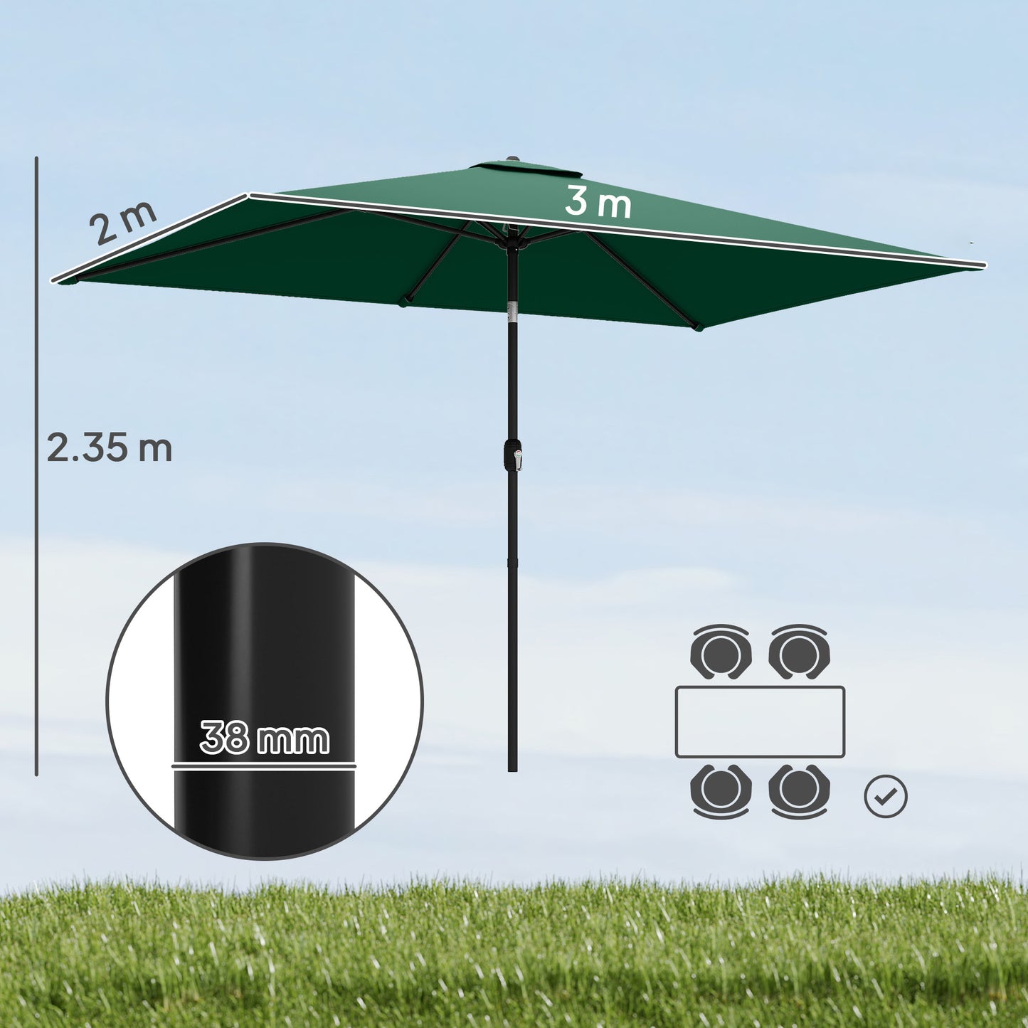 Garden Parasol, Parasol Umbrella with Crank Handle, Tilt Function