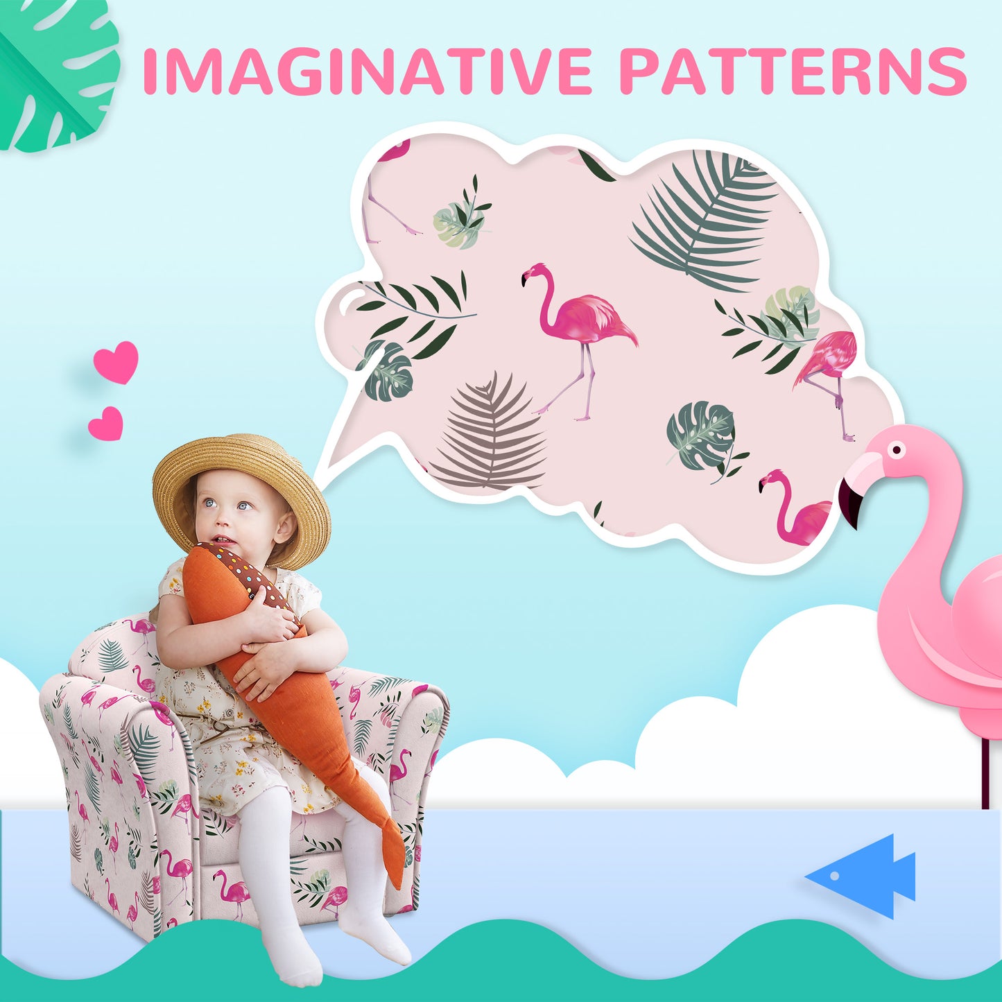 Kids Armchair with Flamingo Design, Wooden Frame, for Bedroom