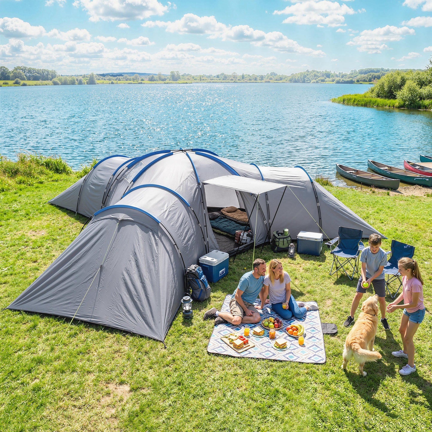 6-9 Man Large Tunnel Tent with 3 Bedrooms, Living Area and Porch