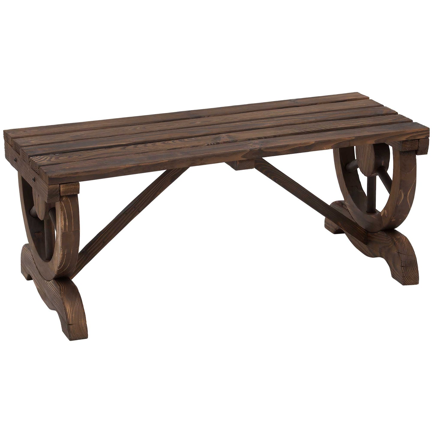 Garden Rustic Wooden Bench Wheel-Shaped Legs Slatted Seat Stable
