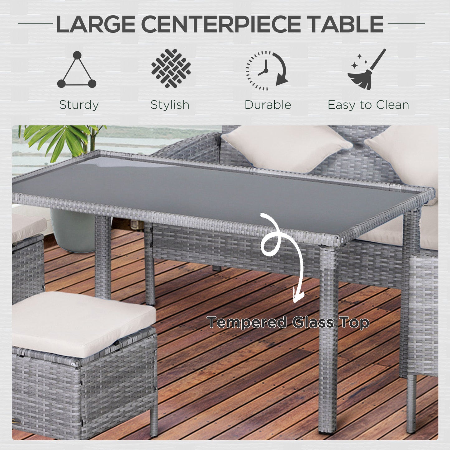 6-Seater Rattan Dining Set Sofa Table Footstool Outdoor w/ Cushion