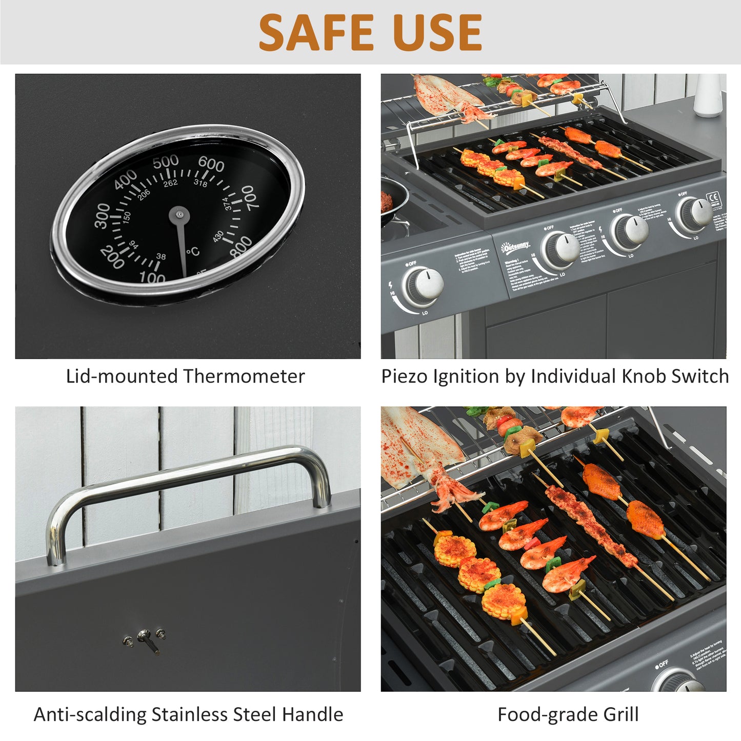 3+1 Burner Gas BBQ Grill, Outdoor Barbecue Trolley with Wheels