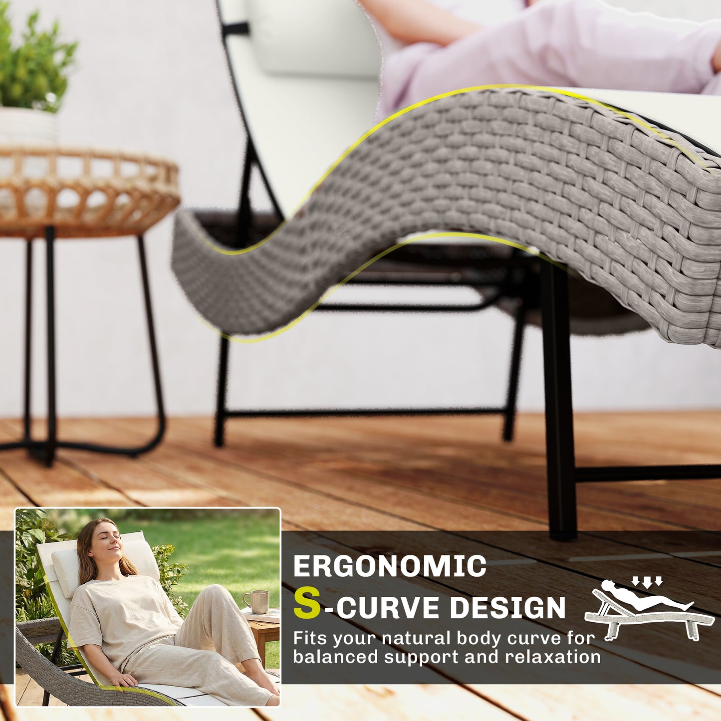 Rattan Sun Lounger, Garden Recliner with 5 Position Adjustable Back