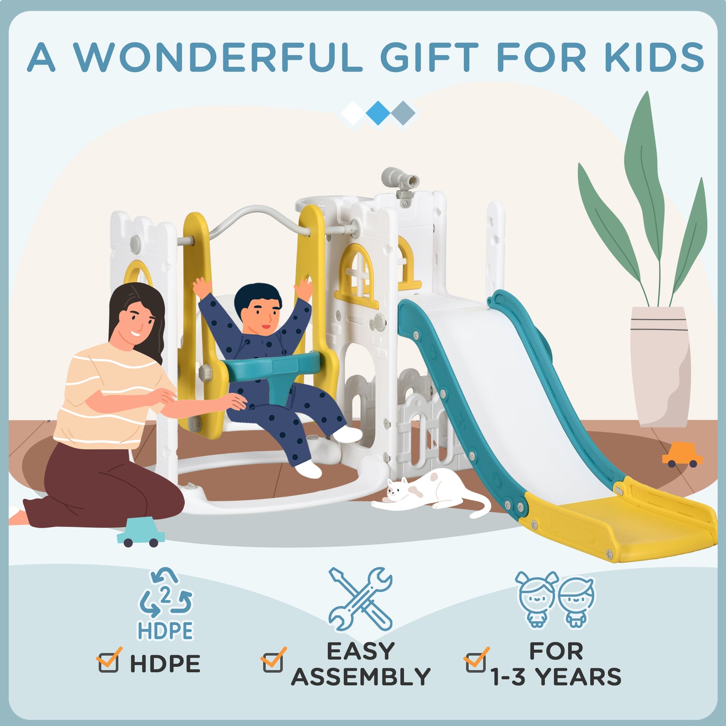 6-in-1 Swing and Slide Set, Kids Playground with Basketball Hoop