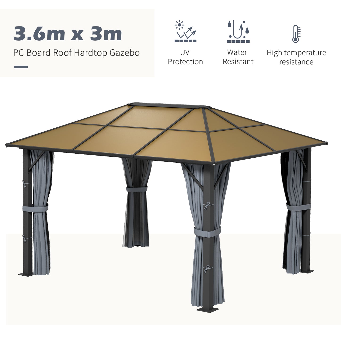 3 x 3.6m Garden Aluminium Gazebo Hardtop Roof Canopy Marquee Party
