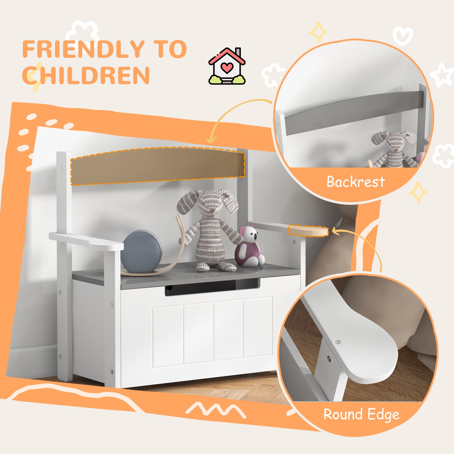 2-in-1 Toy Box for Kids with Lid for Bedroom, Nursery, Playroom