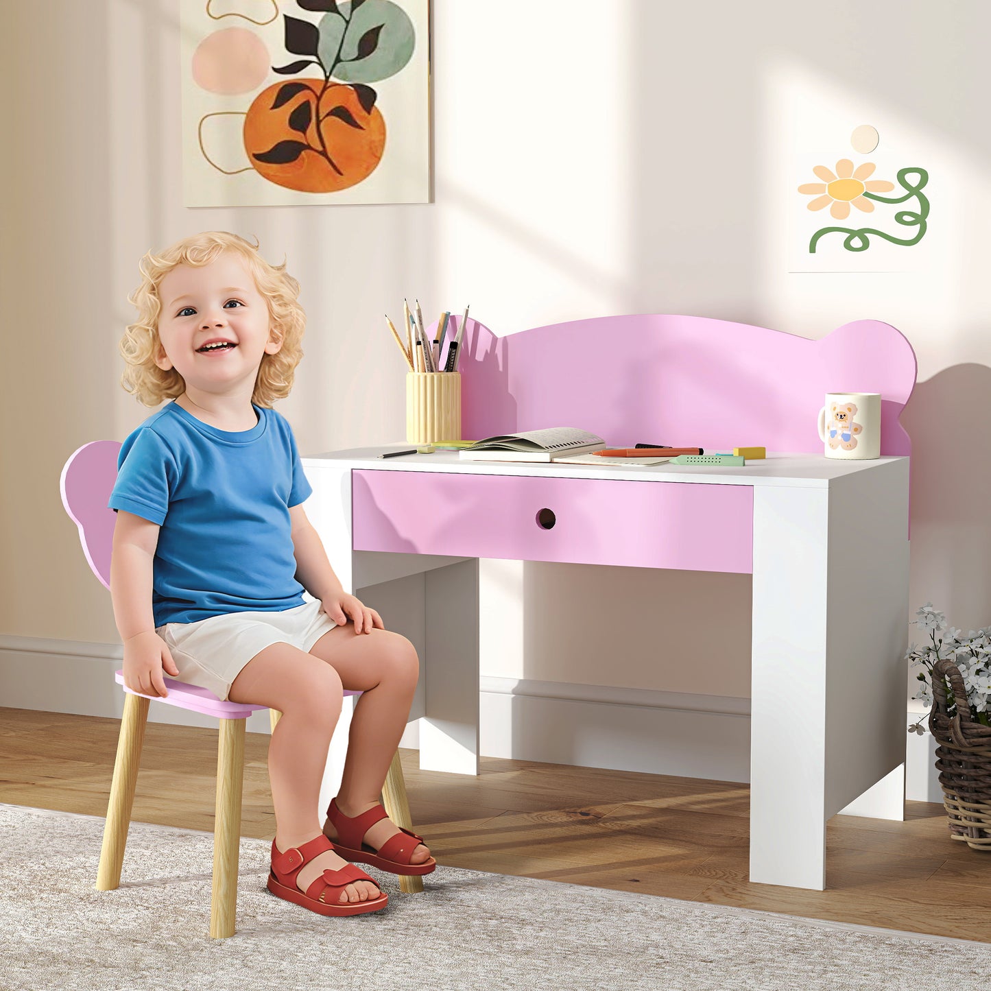 Kids Desk and Chair Set with Drawer for Drawing, Reading