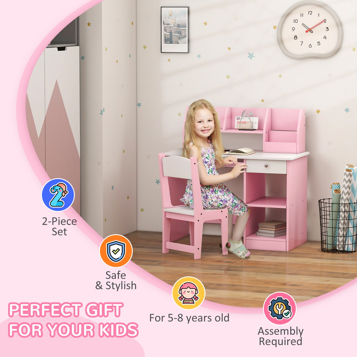 Two-Piece Kids Desk and Chair Set with Storage, for Ages 5-8 Years