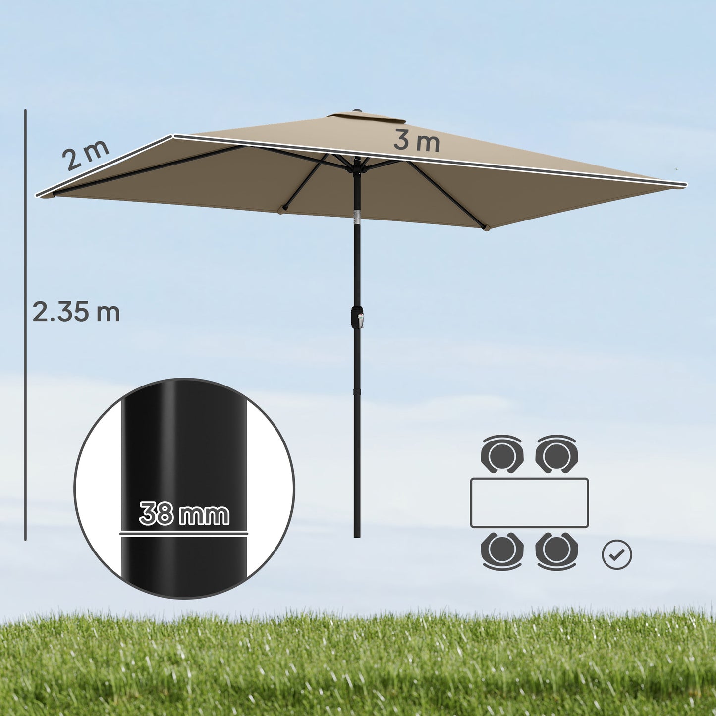 Garden Parasol, Parasol Umbrella with Crank Handle, Tilt Function
