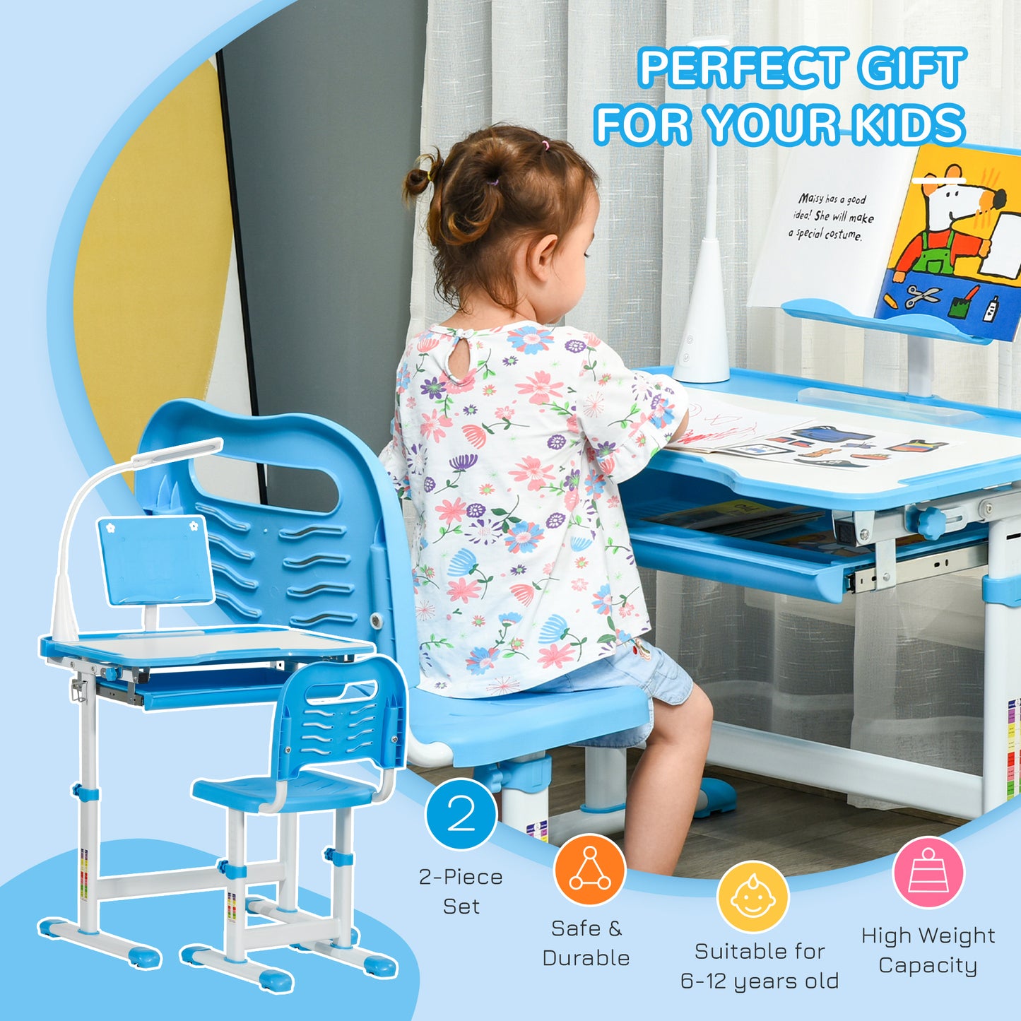 Kids Study Desk and Chair Set w/ Adjustable Height, Storage, Drawer