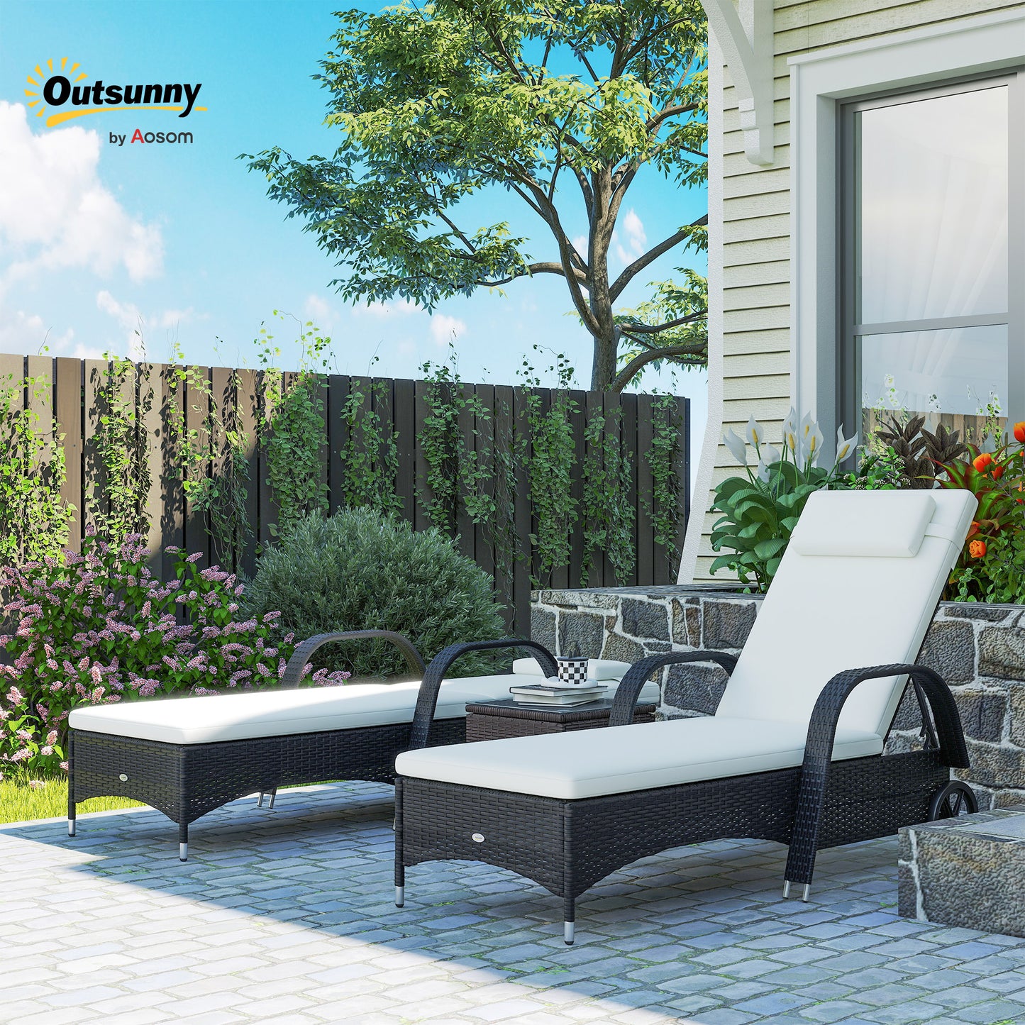 2 Seater Rattan Sun Lounger Set with Side Table