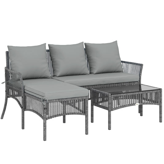 3 Piece Rattan Garden Furniture Corner Sofa Set with Chaise Lounge