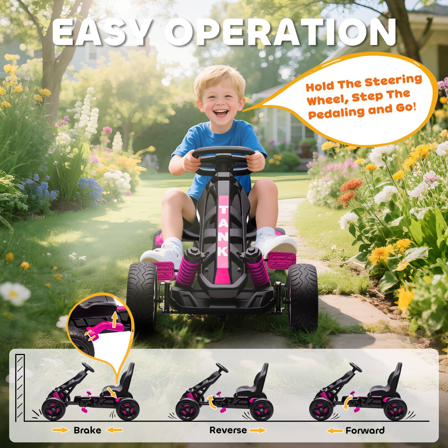 Pedal Go Kart for Kids Aged 3-6 Years, with Freewheel System, Brake