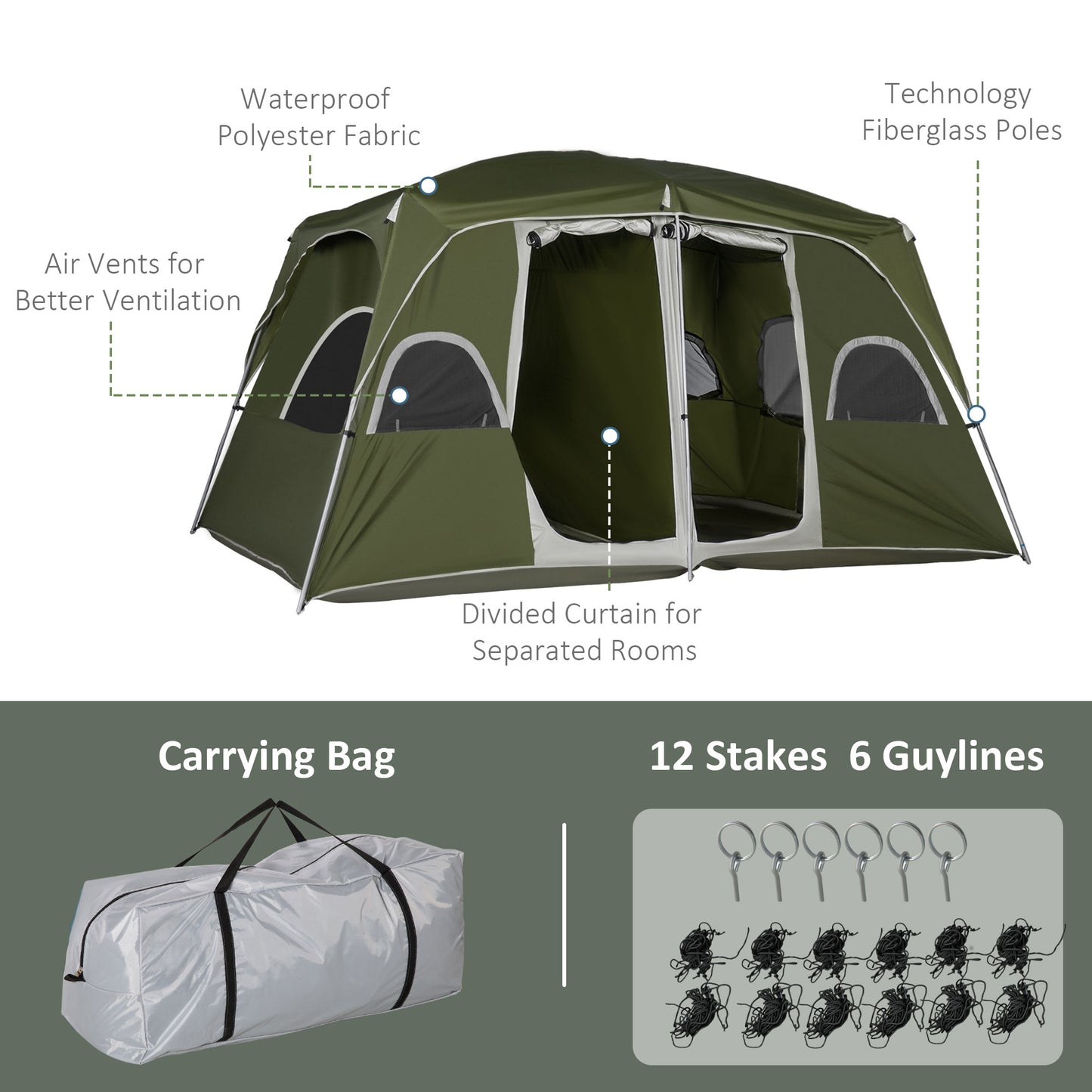 Camping Tent, Family Tent 4-8 Person 2 Room, with Large Mesh Windows