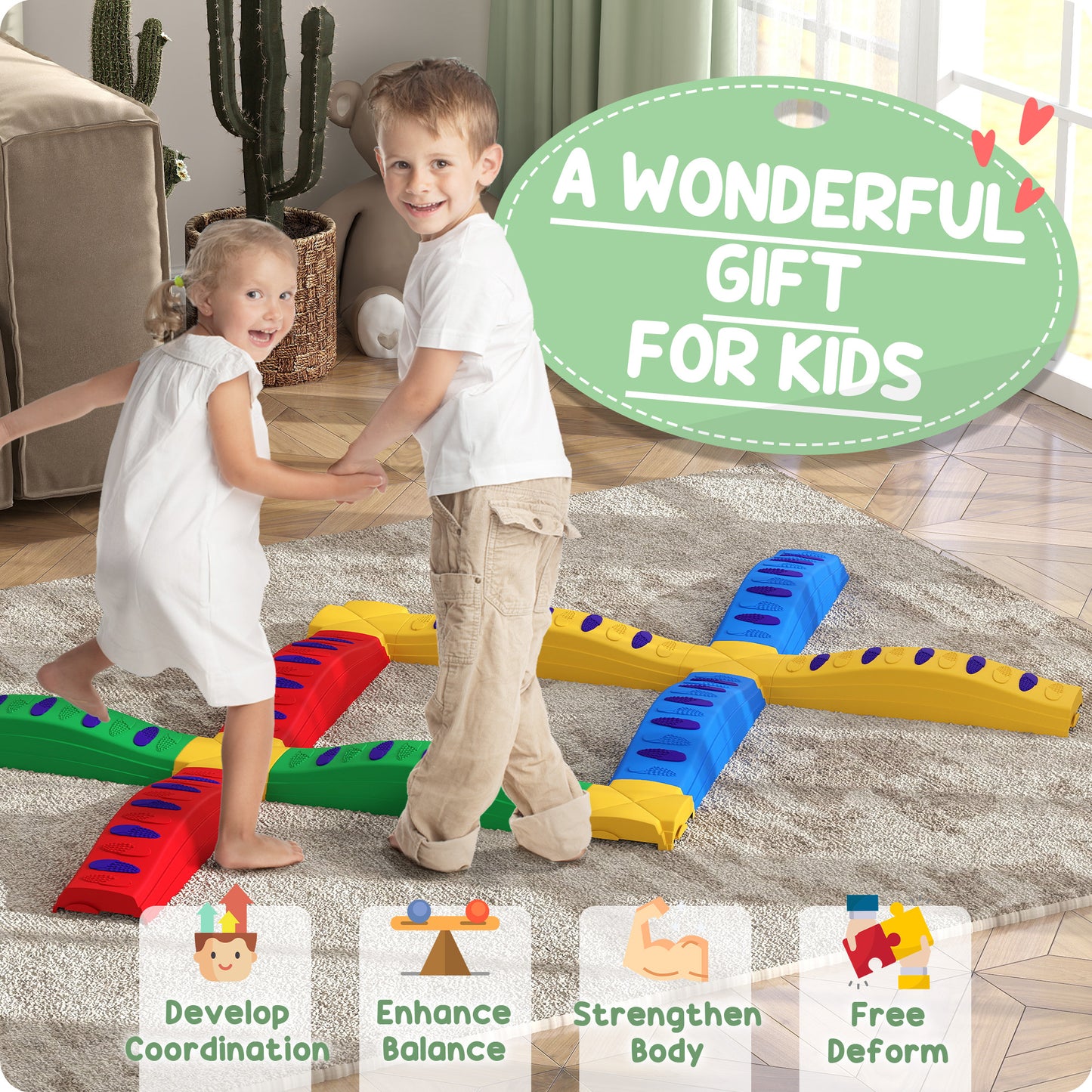 12-Piece Kids Balance Beam Stepping Stones, with Non-Slip Foot Pads