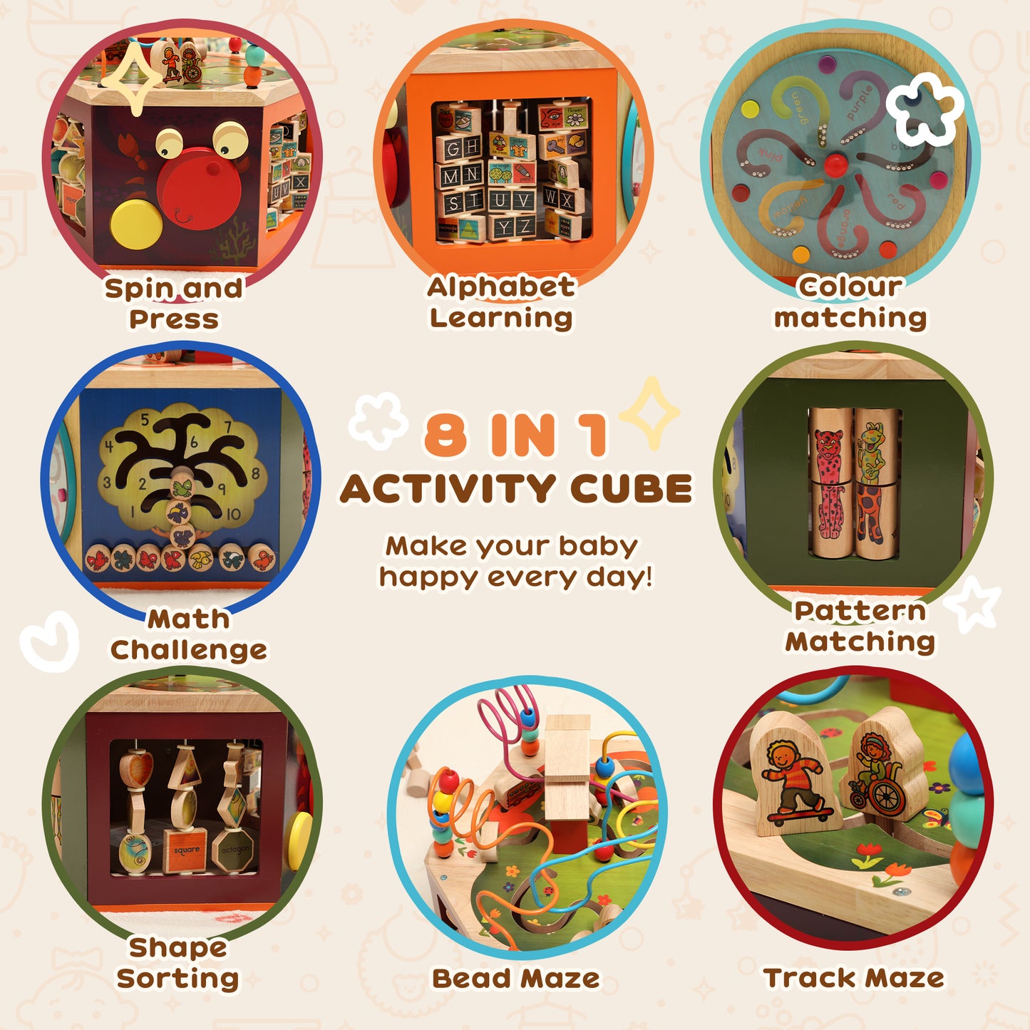 8 in 1 Wooden Activity Cube with Bead Maze, Shape Sorter
