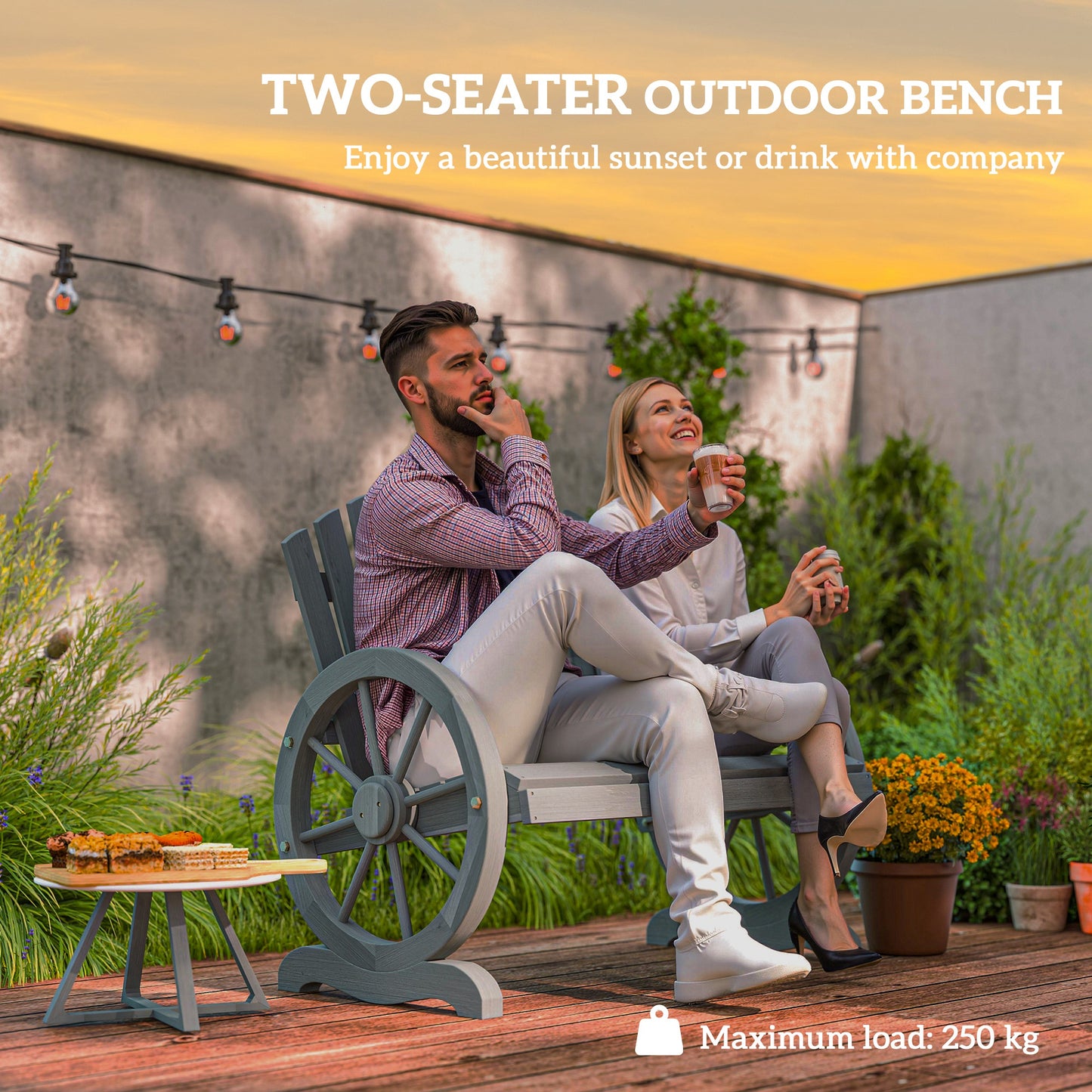 Fir Wood Love Seats with Wheel-Shaped Armrests