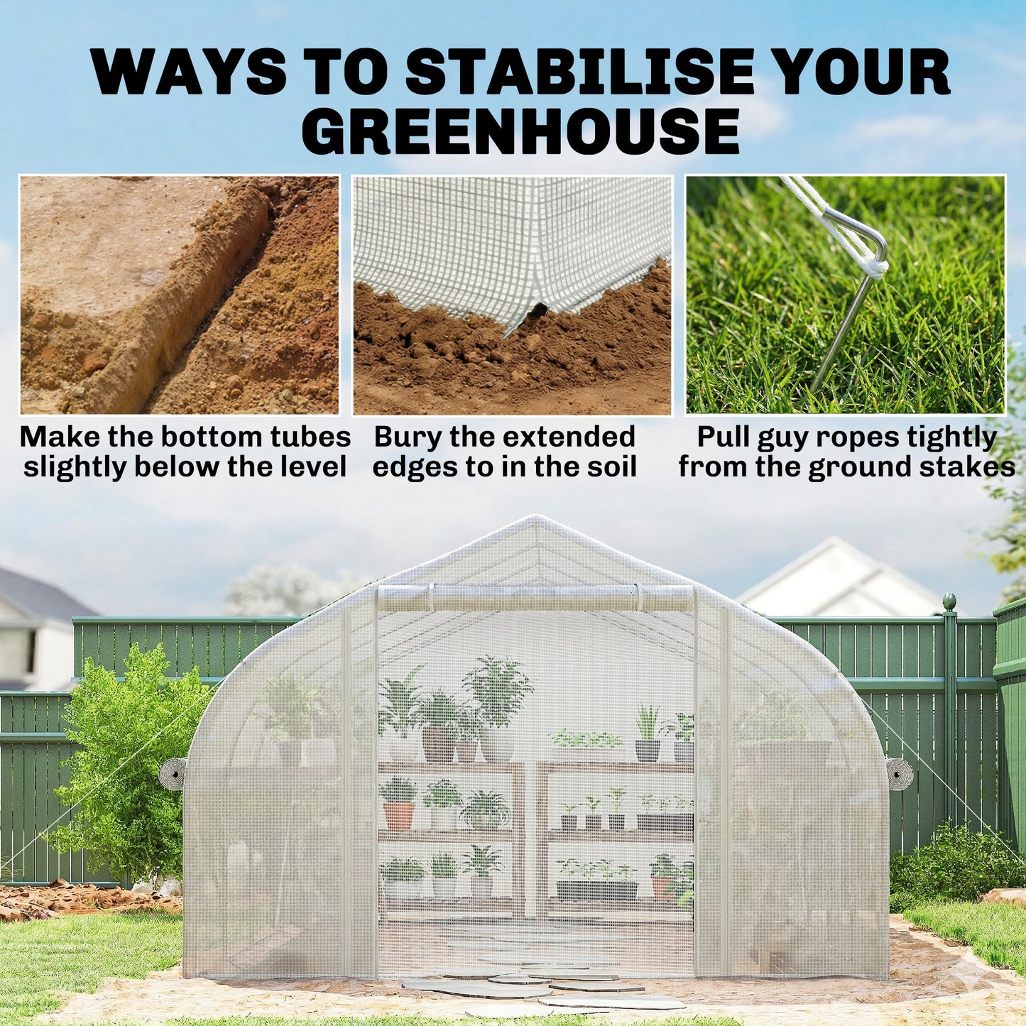 4 x 3(m) Walk-in Polytunnel Greenhouse, Zipped Roll Up Sidewalls