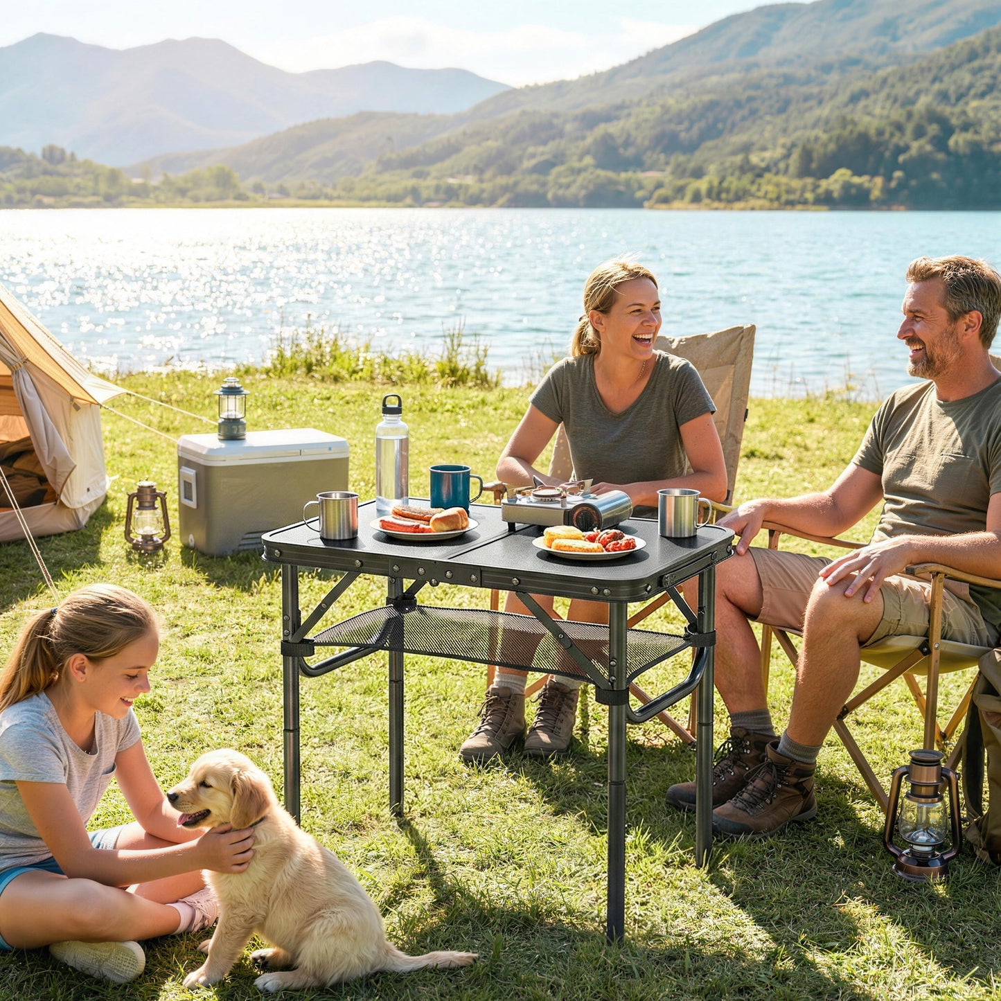 2ft Folding Camping Table, Picnic Table with Mesh Storage Layer