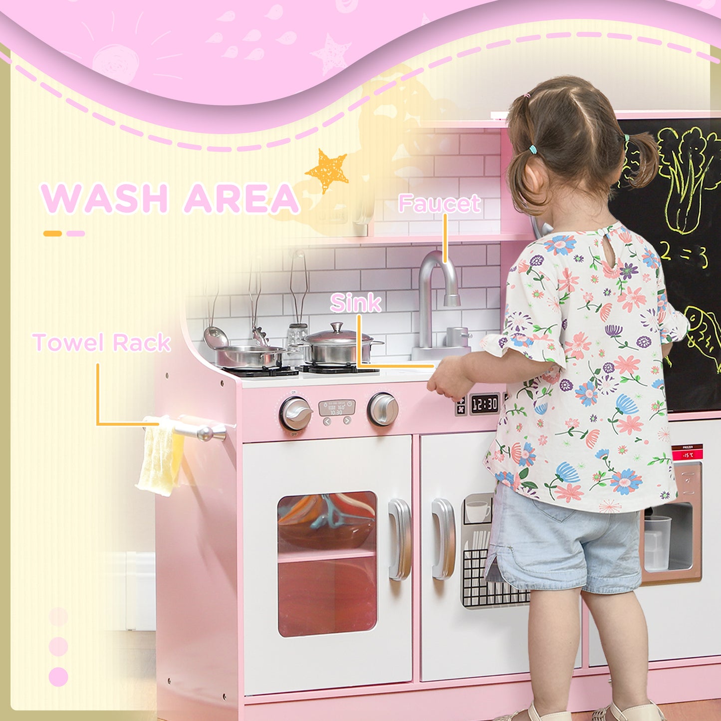 Pretend Play Kitchen, Kids Kitchen Playset w/ Toy Phone, Chalkboard