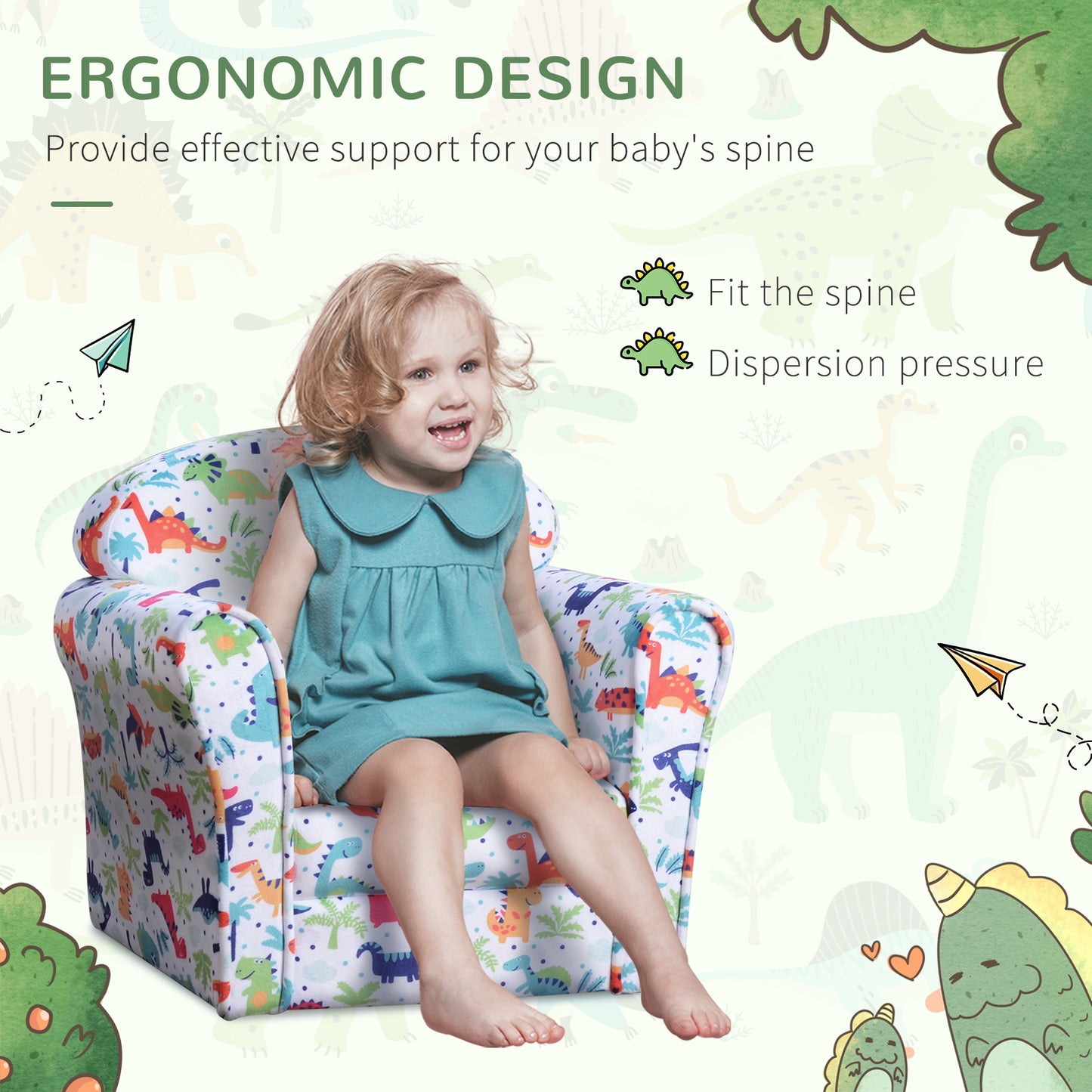 Children's Armchair Flannel Kids Sofa Tub Chair Cartoon Dinosaur