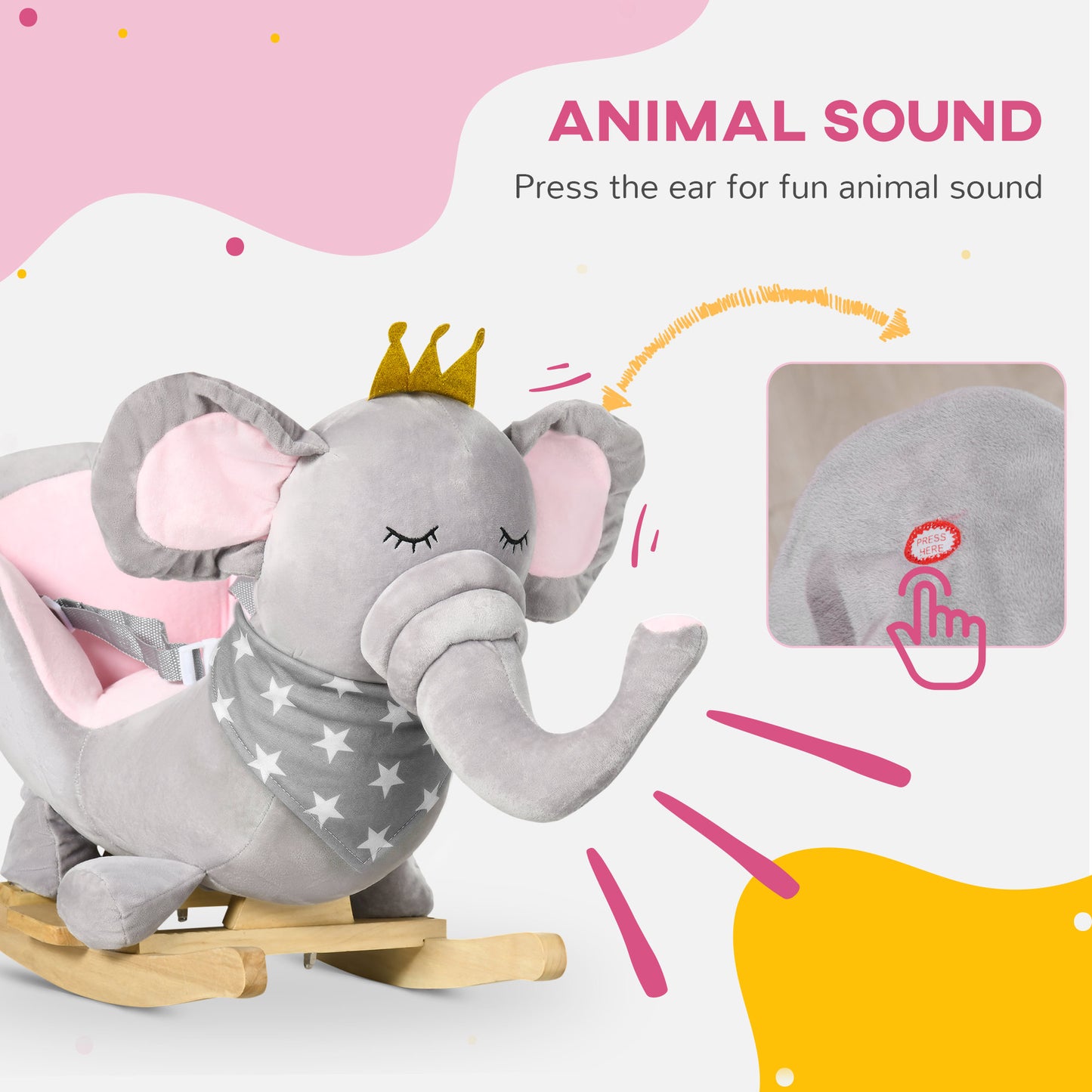 Kids Elephant-Designed Rocking Horse, with Safety Belt, Wooden Base