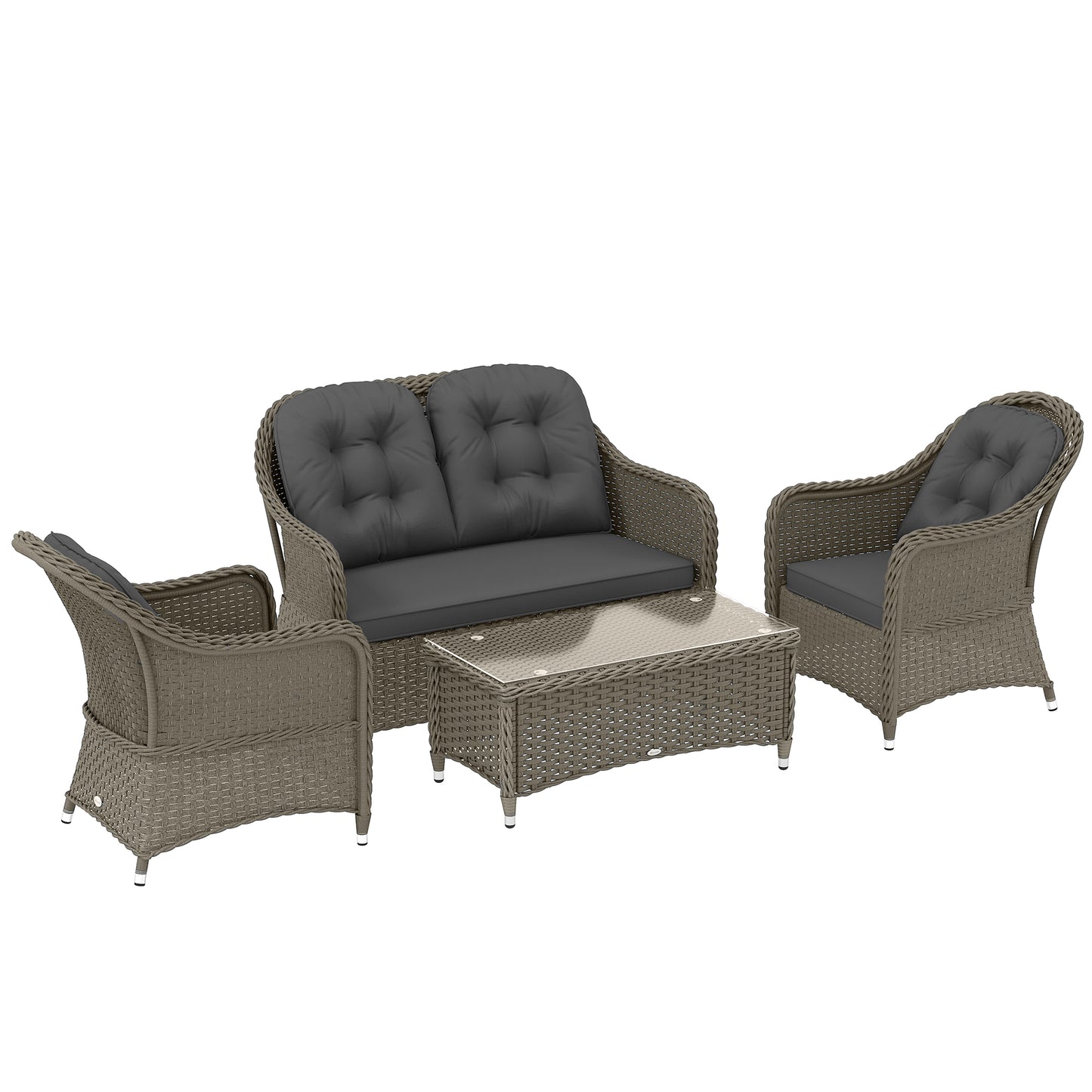 Four-Piece Rattan Sofa Set, with Glass-Top Table