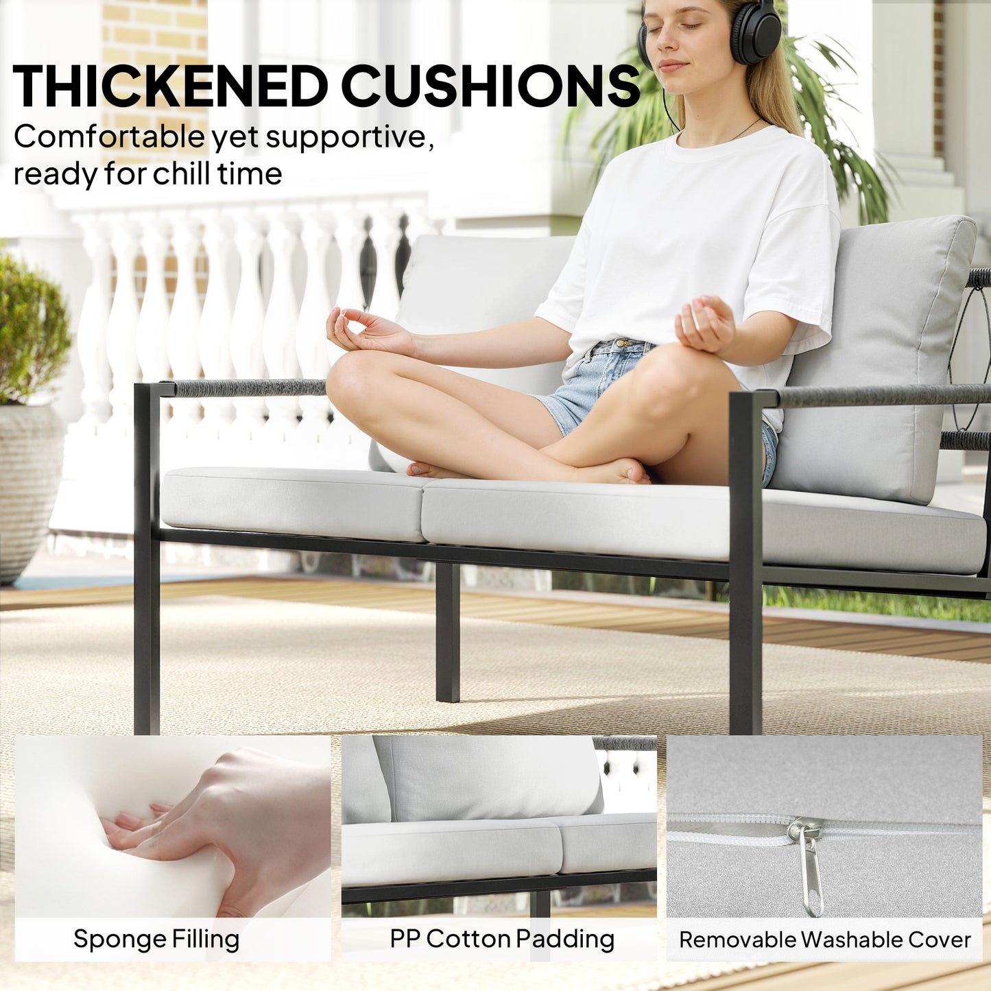 5 Piece Metal Garden Furniture Sofa Set with Thickened Cushions