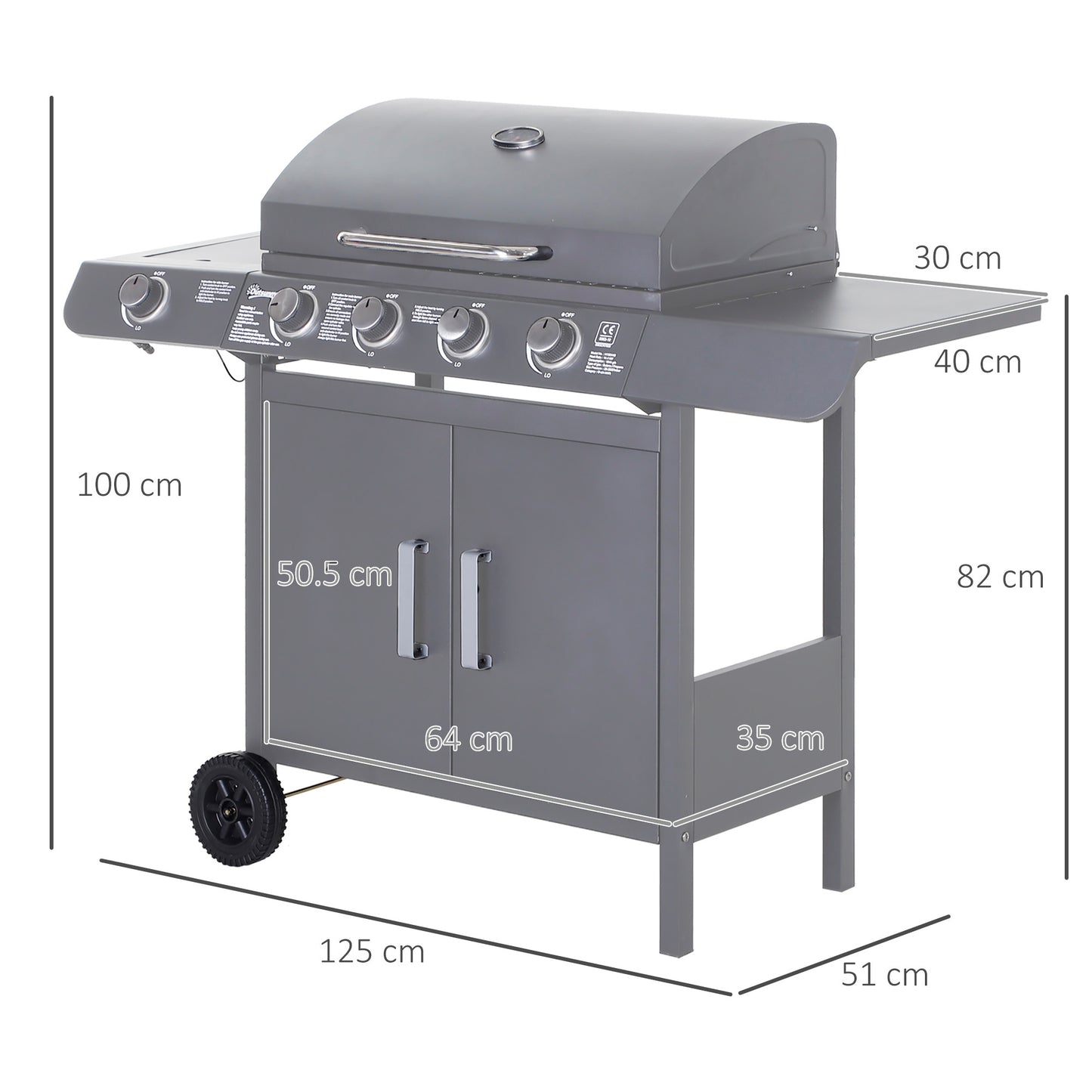 4+1 Burner Gas BBQ Grill, Outdoor Barbecue Trolley with Wheels