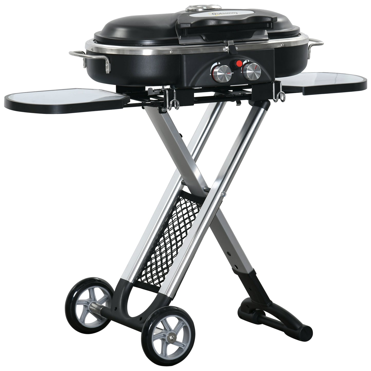 Foldable Gas BBQ Grill 2 Burner Garden Barbecue Trolley w/ Lid Side