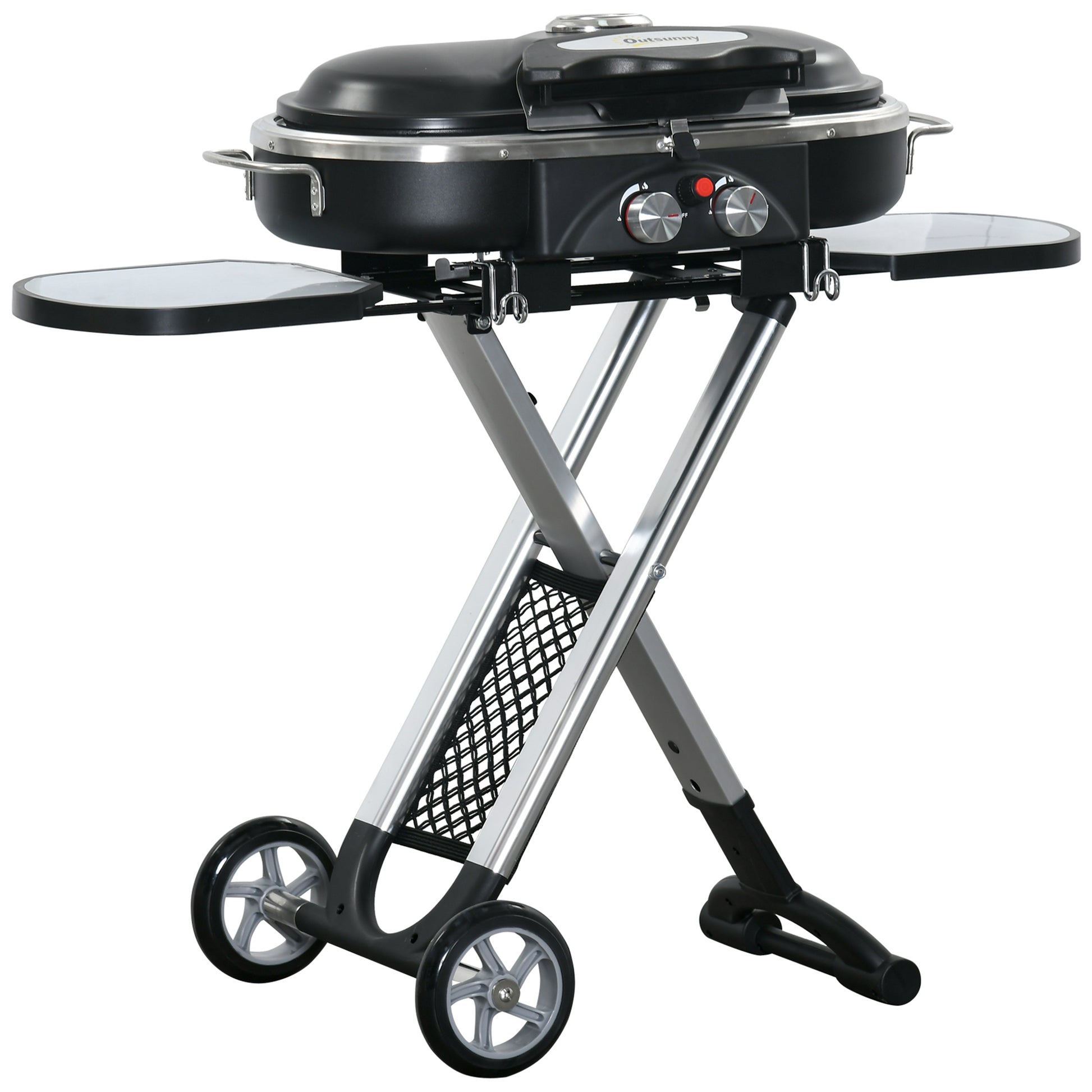 Foldable Gas BBQ Grill 2 Burner Garden Barbecue Trolley w/ Lid Side