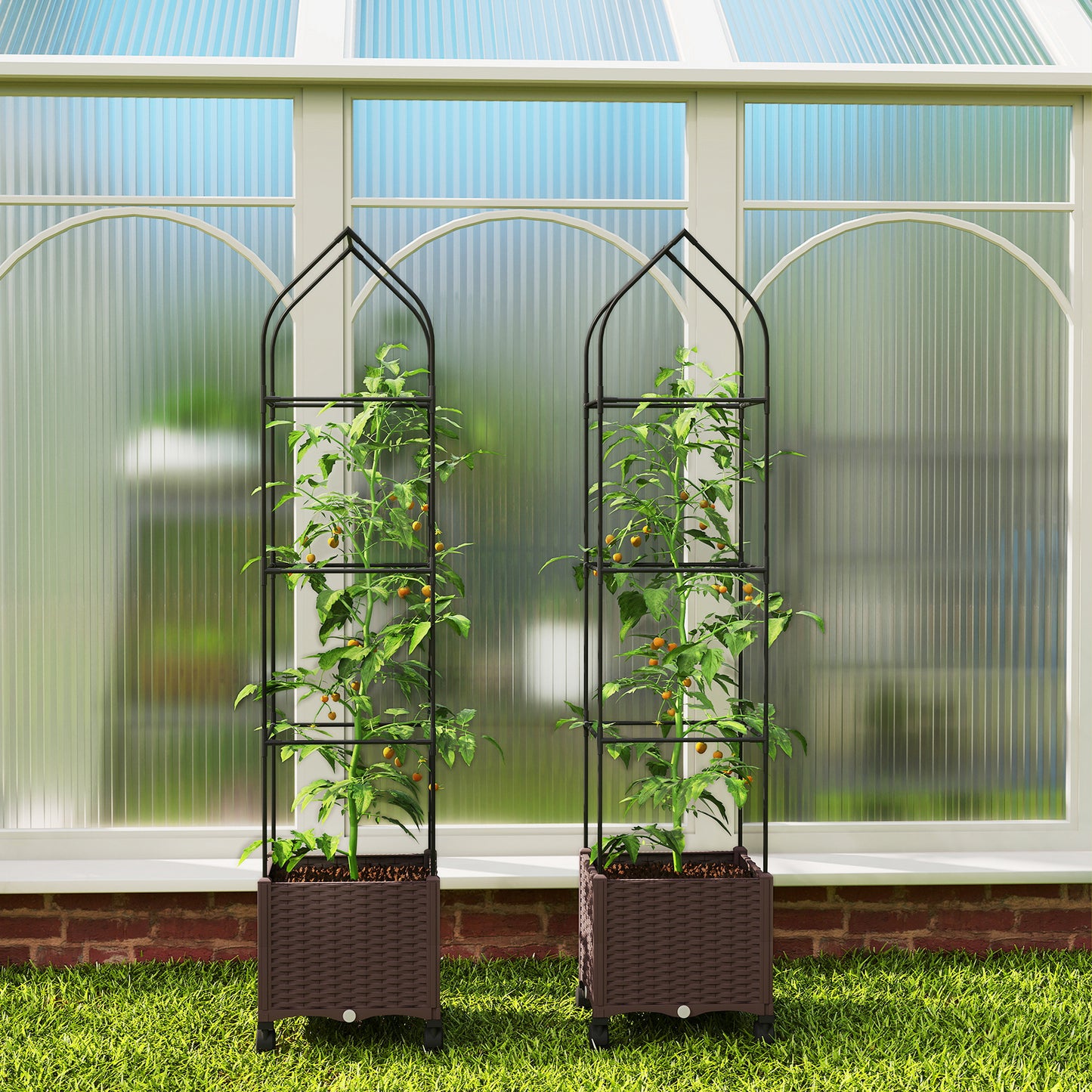 Raised Garden Bed with Trellis, Tomato Cage with Lockable Wheels