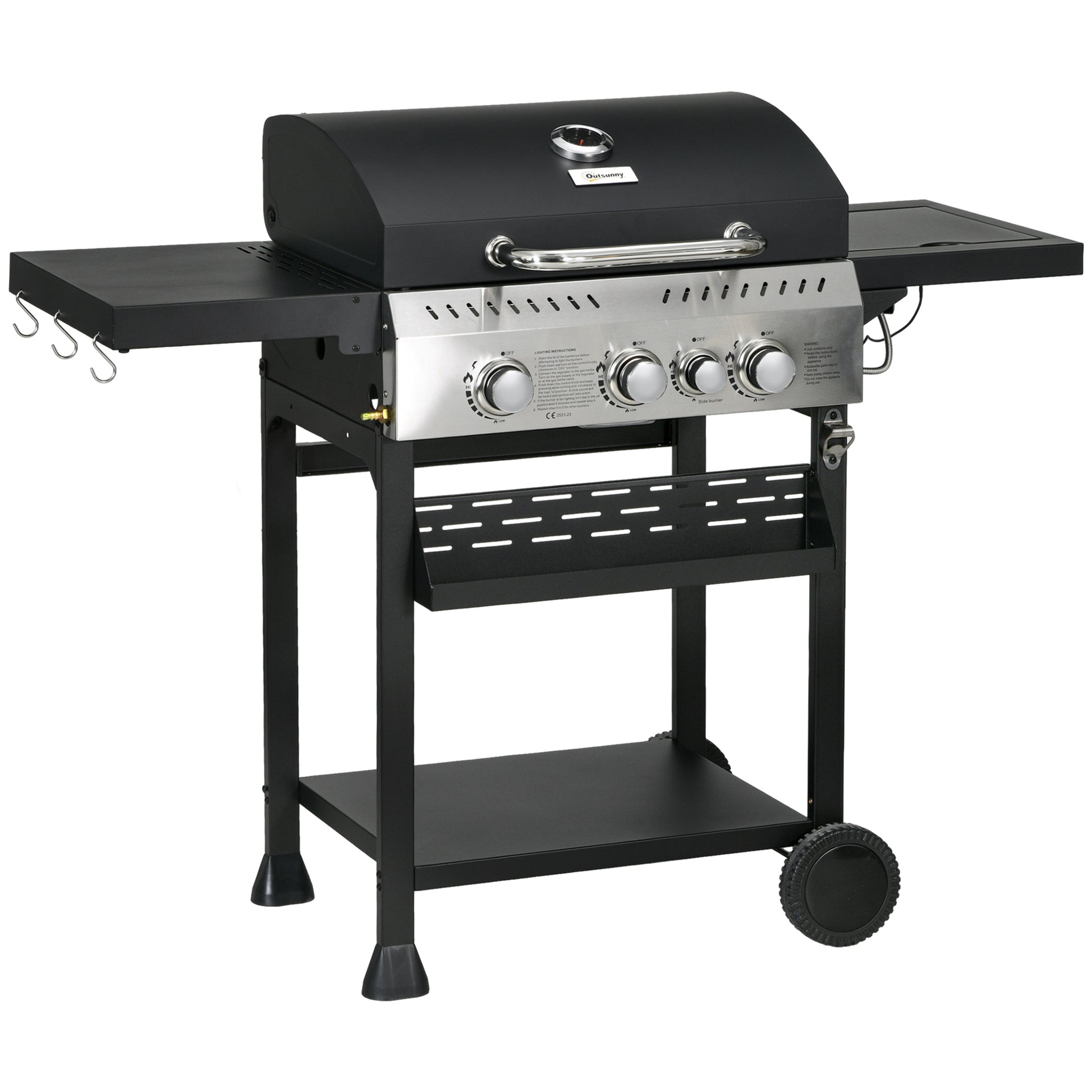 Four-Burner Steel Gas Grill, with Thermometer