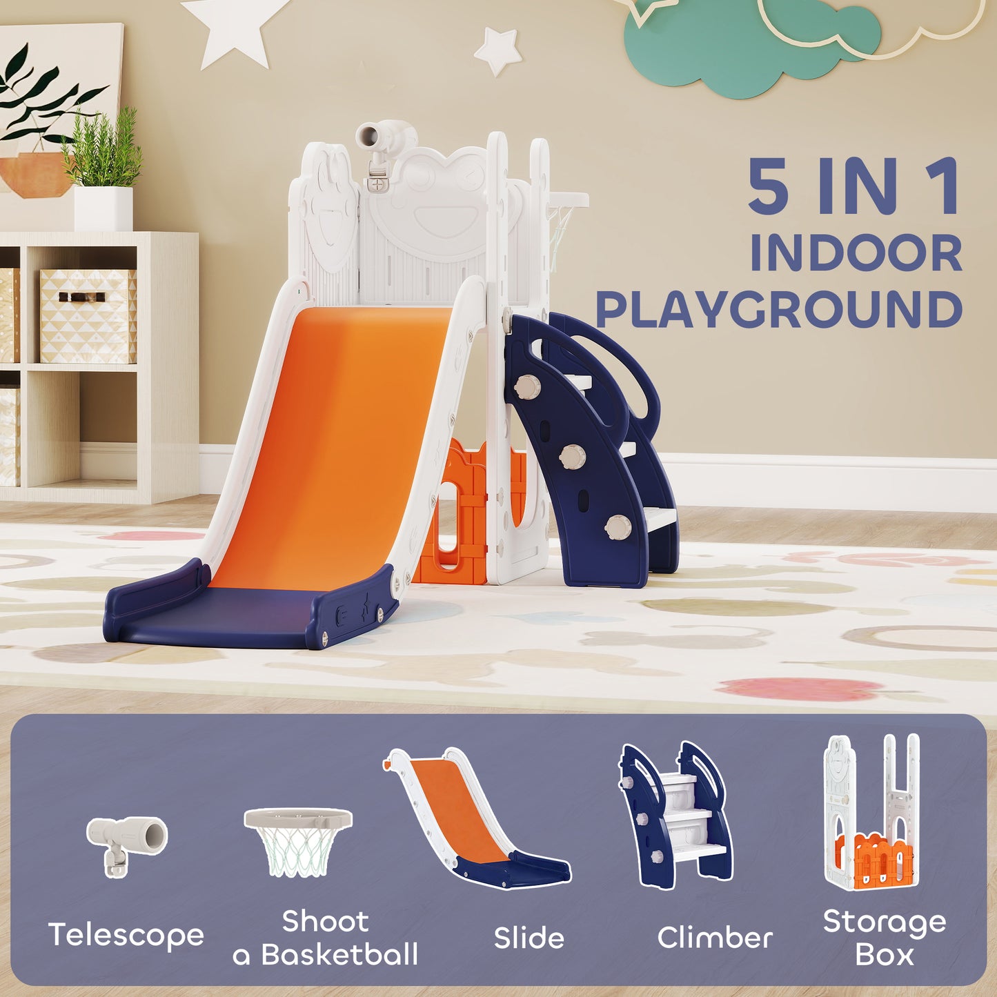 5 in 1 Kids Slide Set with Basketball Hoop, Climbing Frame