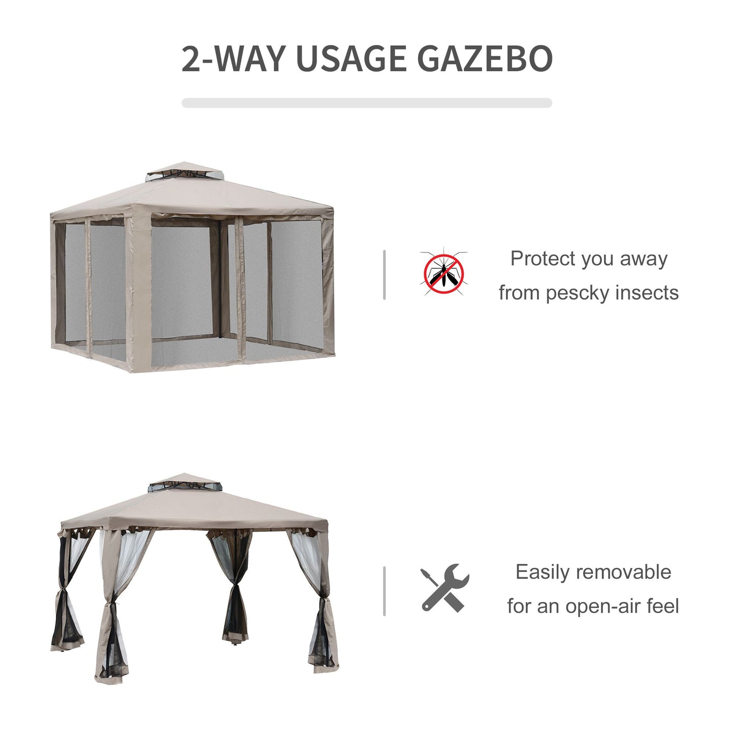 Outdoor Gazebo, 2-tier Roof with Netting, 295L x 295W x 263Hcm-Taupe